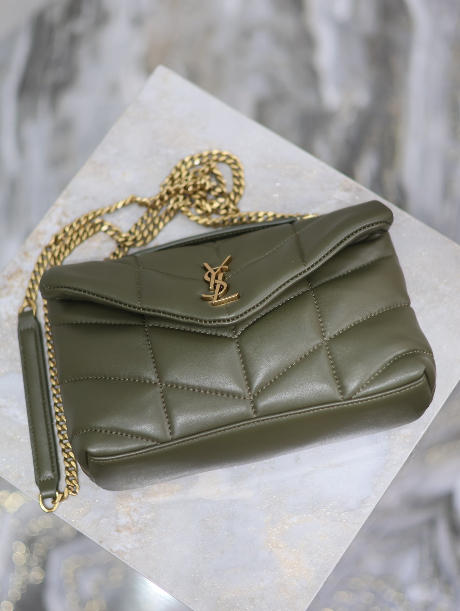 SAINT LAURENT YSL 25S LOULOU PUFFER MINI 23 IN DARK OLIVE CALFSKIN GOLD HARDWRE