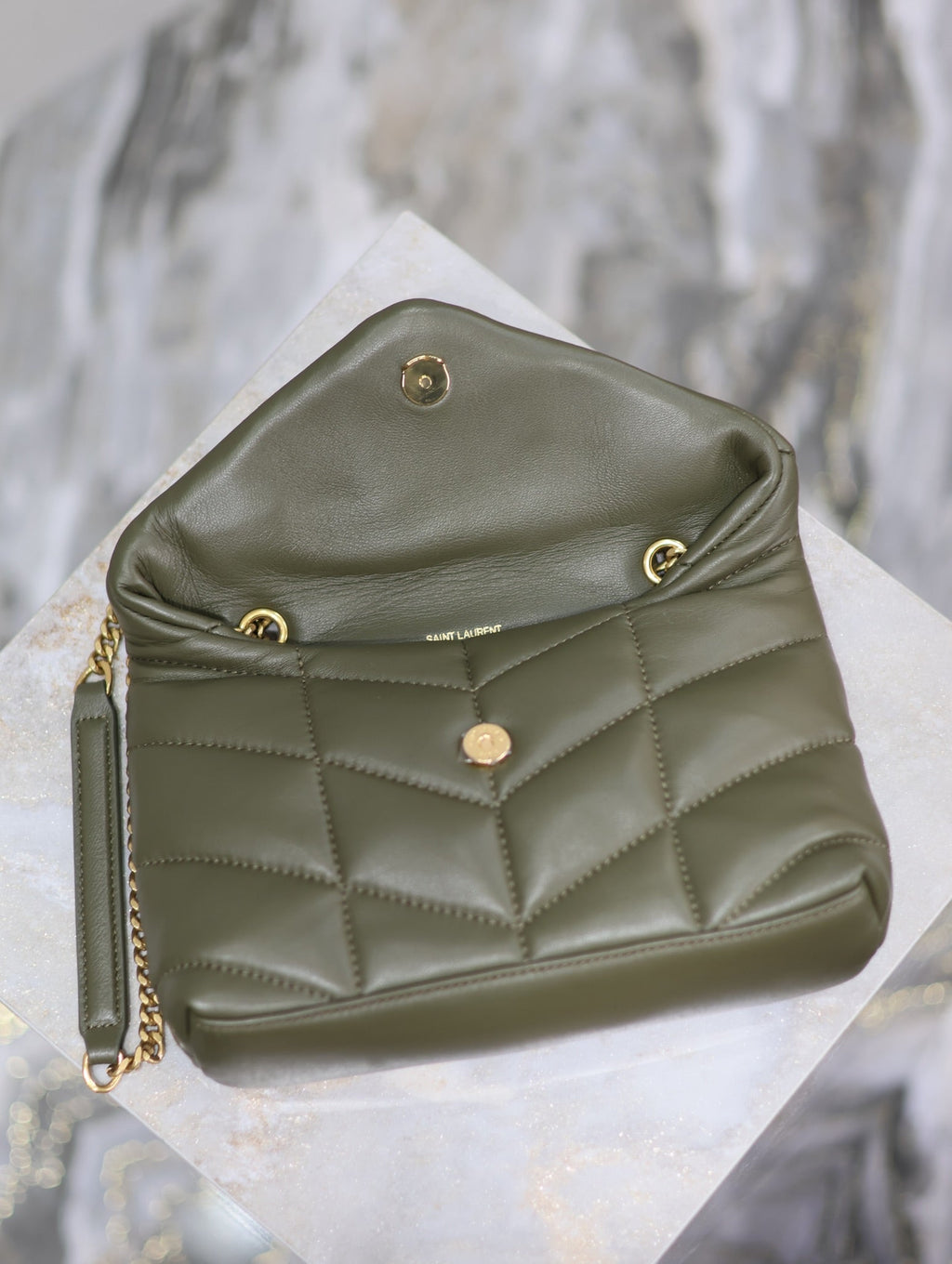 SAINT LAURENT YSL 25S LOULOU PUFFER MINI 23 IN DARK OLIVE CALFSKIN GOLD HARDWRE