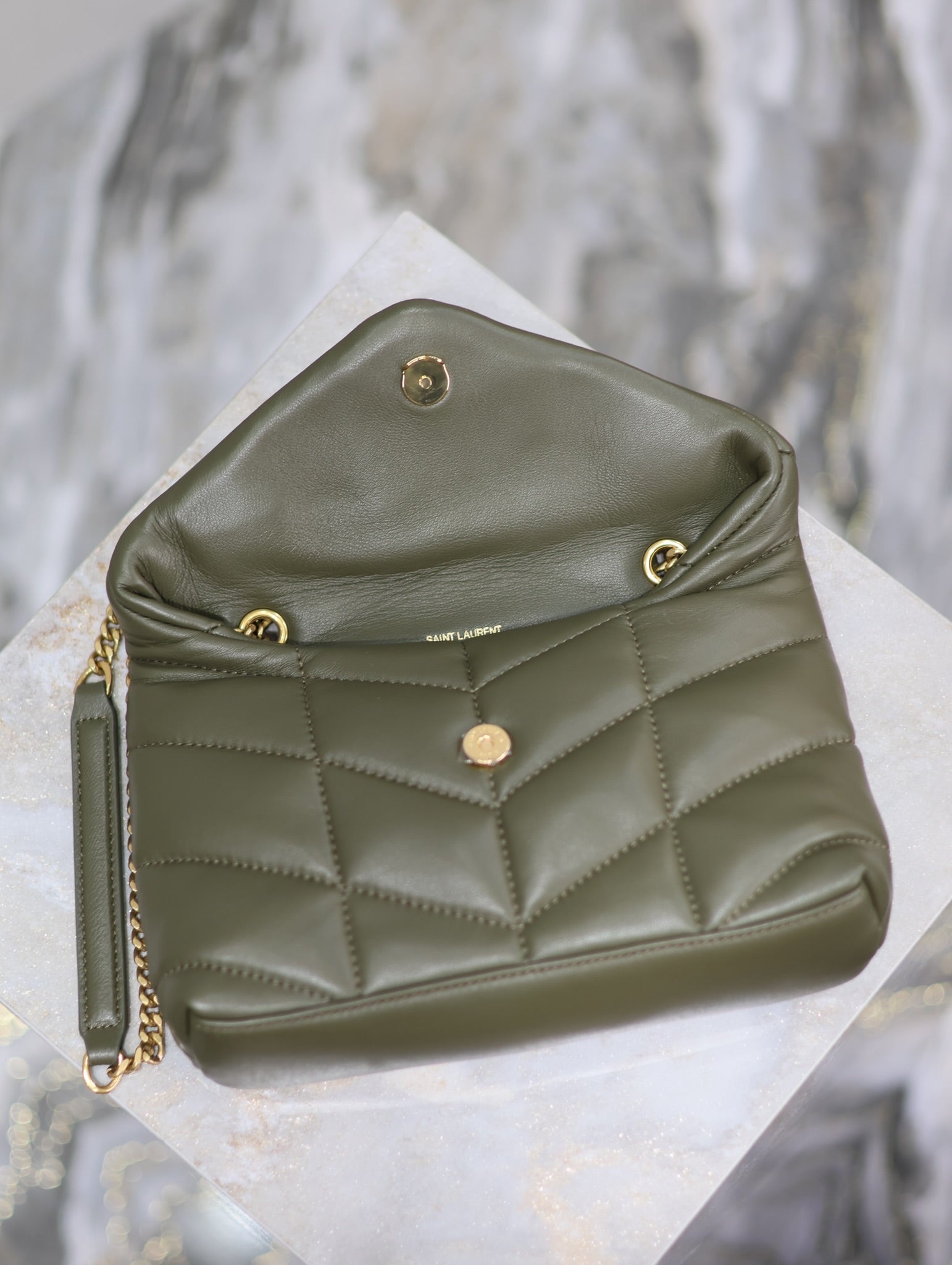 SAINT LAURENT YSL 25S LOULOU PUFFER MINI 23 IN DARK OLIVE CALFSKIN GOLD HARDWRE