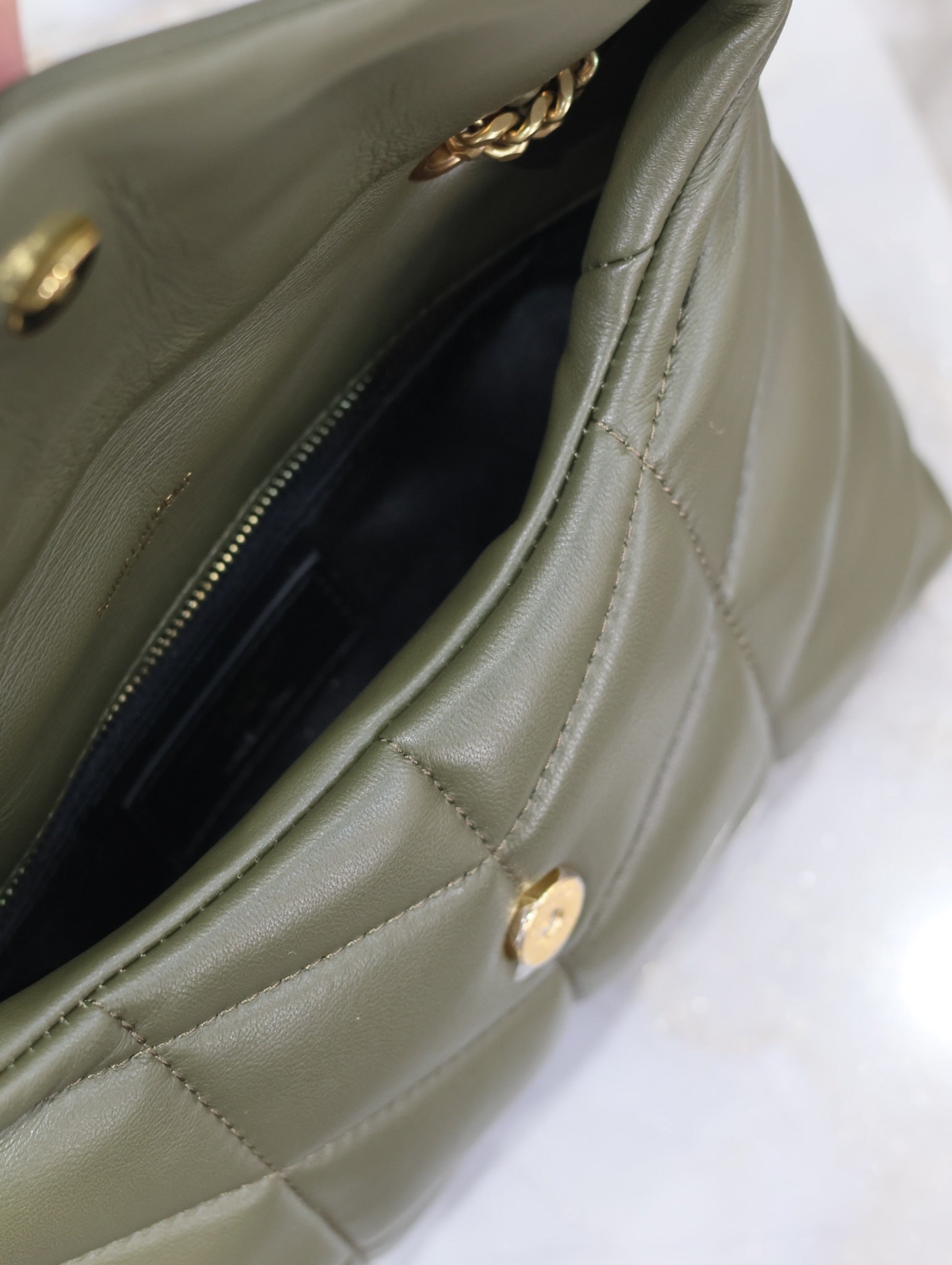SAINT LAURENT YSL 25S LOULOU PUFFER MINI 23 IN DARK OLIVE CALFSKIN GOLD HARDWRE