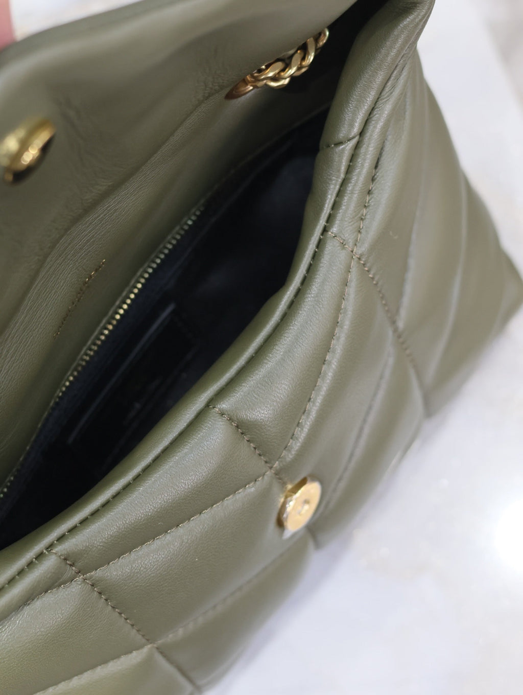 SAINT LAURENT YSL 25S LOULOU PUFFER MINI 23 IN DARK OLIVE CALFSKIN GOLD HARDWARE