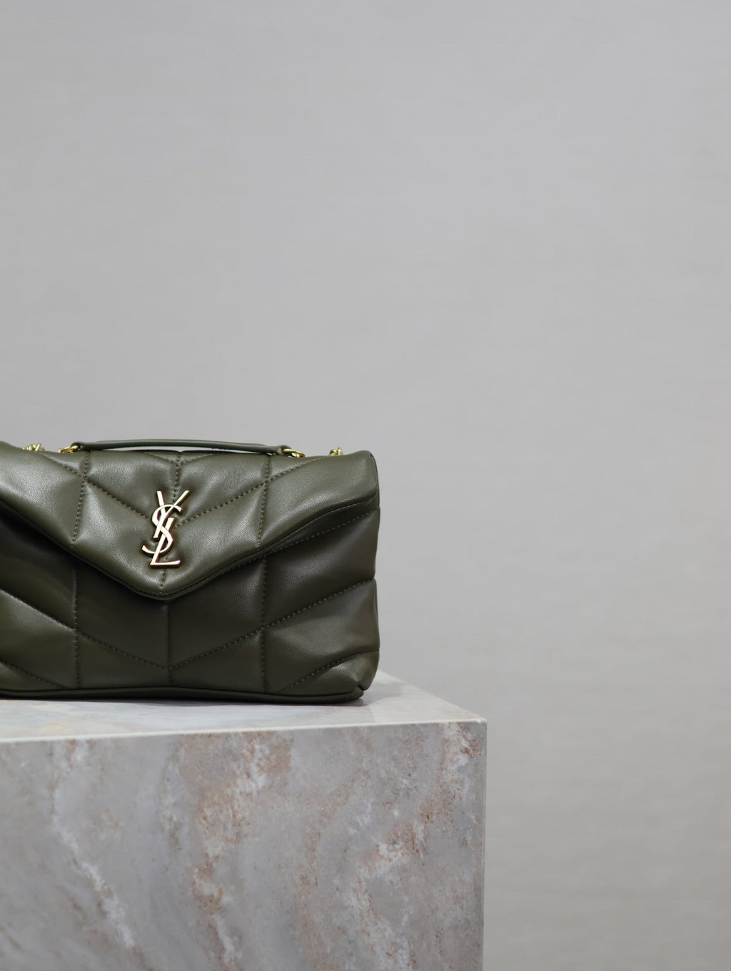 SAINT LAURENT YSL 25S LOULOU PUFFER MINI 23 IN DARK OLIVE CALFSKIN GOLD HARDWARE