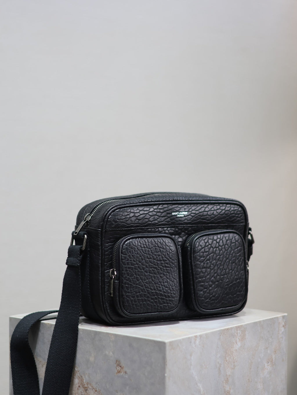 SAINT LAURENT CITY CAMERA BAG 24 IN BLACK ELEPHANT PATTERN LAMBSKIN