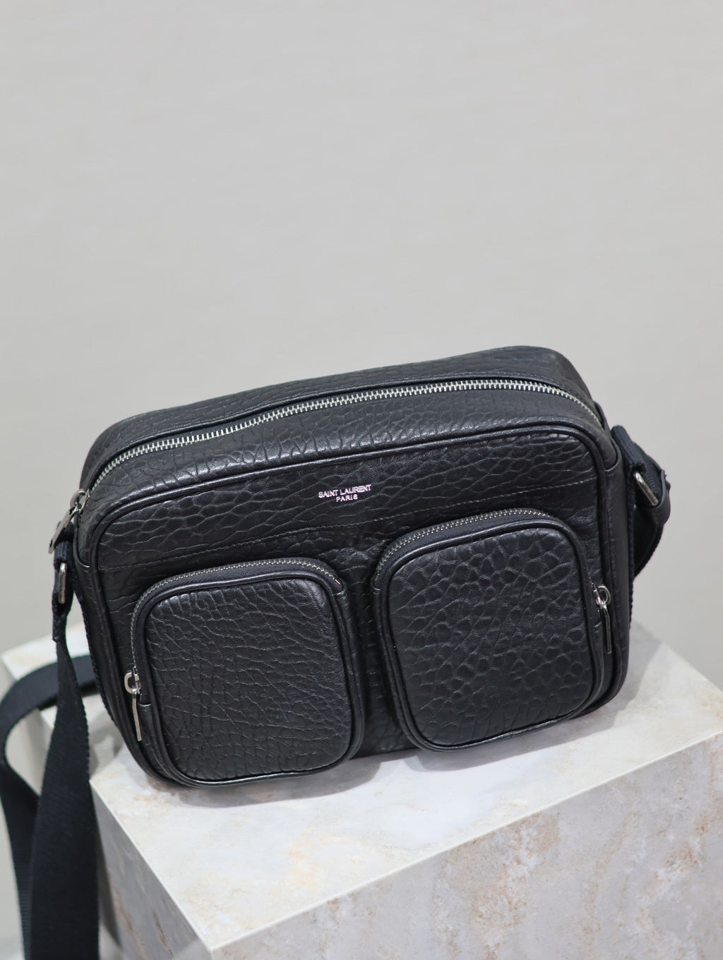 SAINT LAURENT CITY CAMERA BAG 24 IN BLACK ELEPHANT PATTERN LAMBSKIN