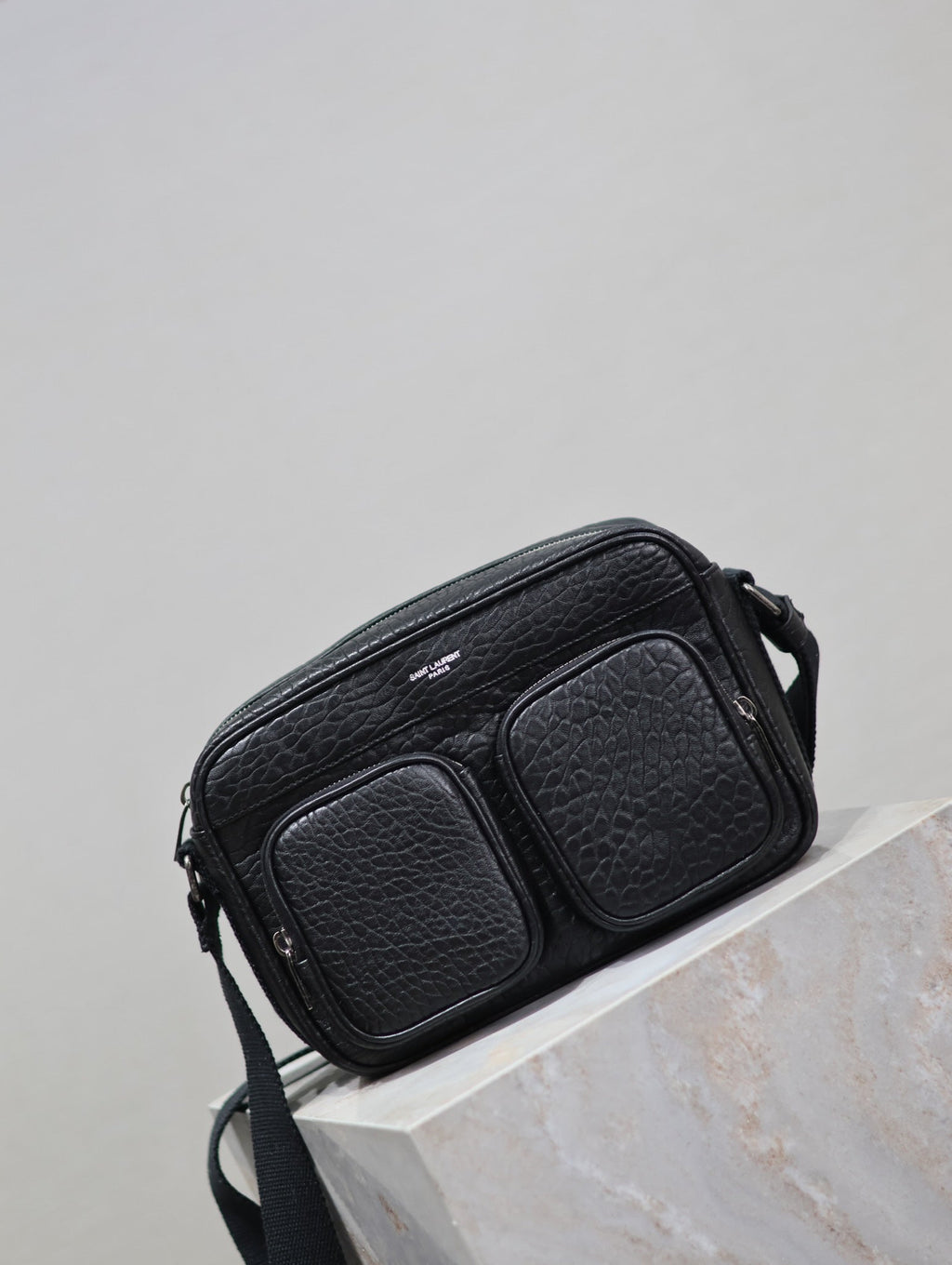 SAINT LAURENT CITY CAMERA BAG 24 IN BLACK ELEPHANT PATTERN LAMBSKIN