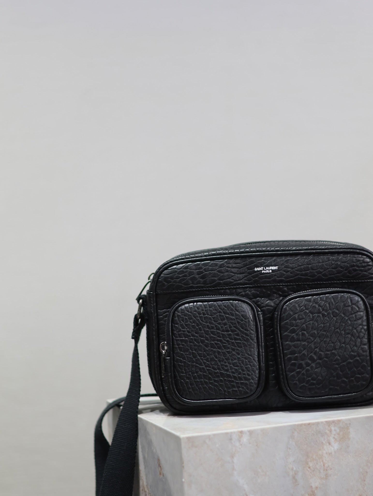 SAINT LAURENT CITY CAMERA BAG 24 IN BLACK ELEPHANT PATTERN LAMBSKIN