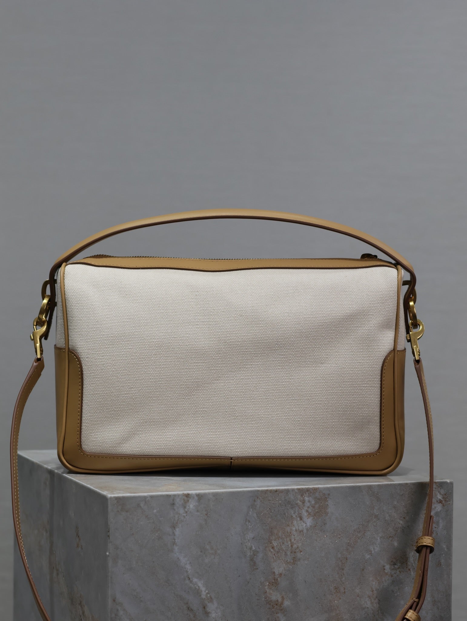 SAINT LAURENT CAMERA SUPPLE BAG 28 IN WHITE CANVAS AND BROWN CALFSKIN TRIM