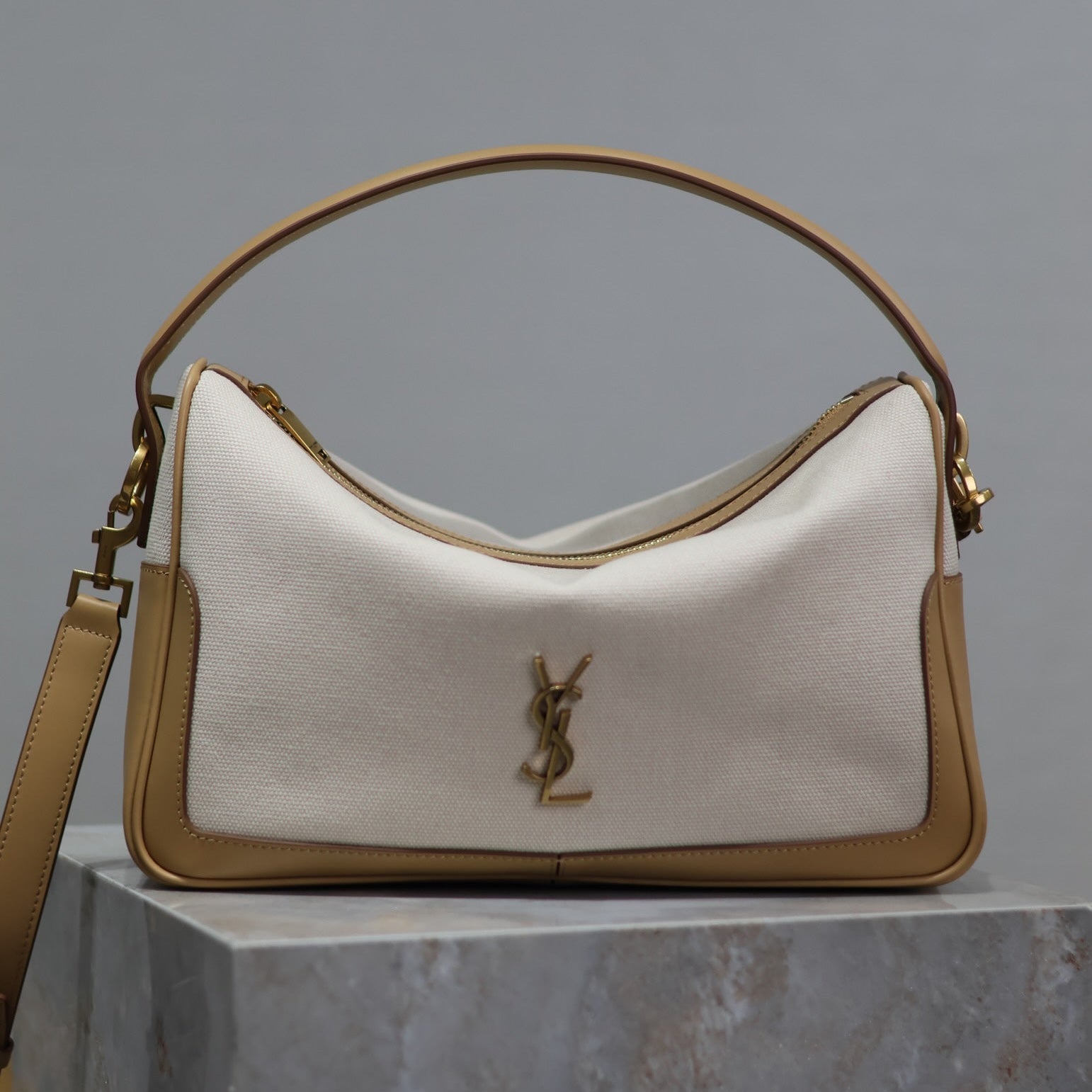 SAINT LAURENT CAMERA SUPPLE BAG 28 IN WHITE CANVAS AND BROWN CALFSKIN TRIM