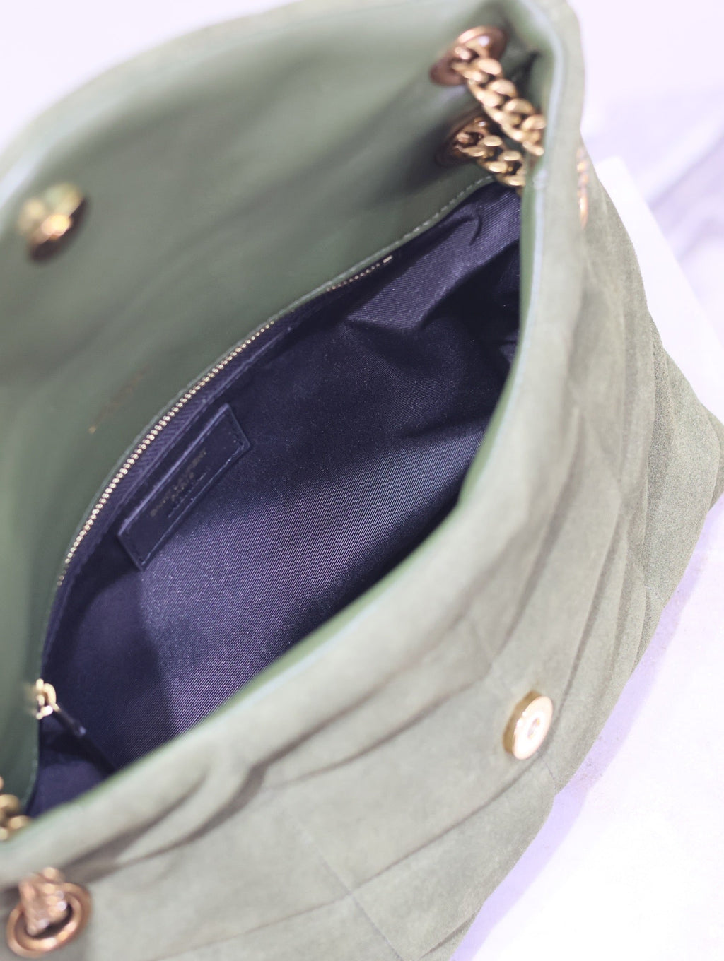 SAINT LAURENT YSL 25S LOULOU PUFFER MM 29 IN GREEN SUEDE GOLD HARDWRE