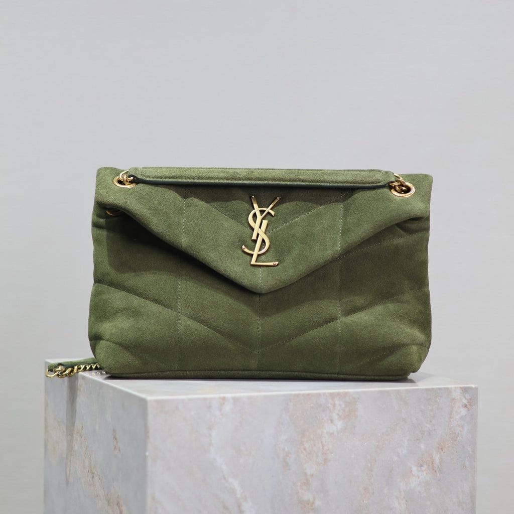 SAINT LAURENT YSL 25S LOULOU PUFFER MM 29 IN GREEN SUEDE GOLD HARDWRE