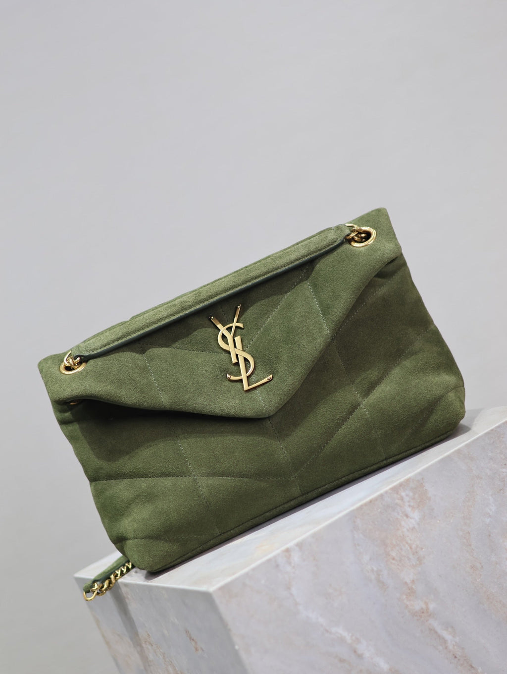 SAINT LAURENT YSL 25S LOULOU PUFFER MM 29 IN GREEN SUEDE GOLD HARDWRE