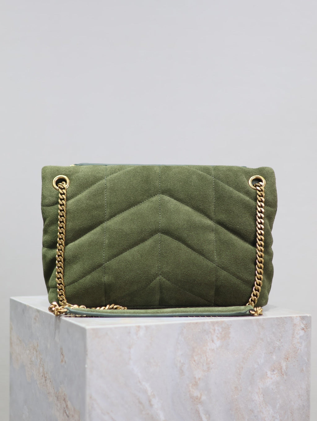 SAINT LAURENT YSL 25S LOULOU PUFFER MM 29 IN GREEN SUEDE GOLD HARDWRE