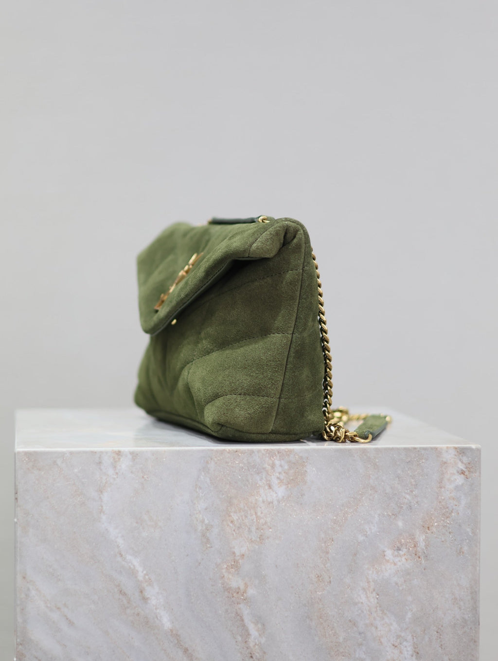 SAINT LAURENT YSL 25S LOULOU PUFFER MINI 23 IN GREEN SUEDE GOLD HARDWRE