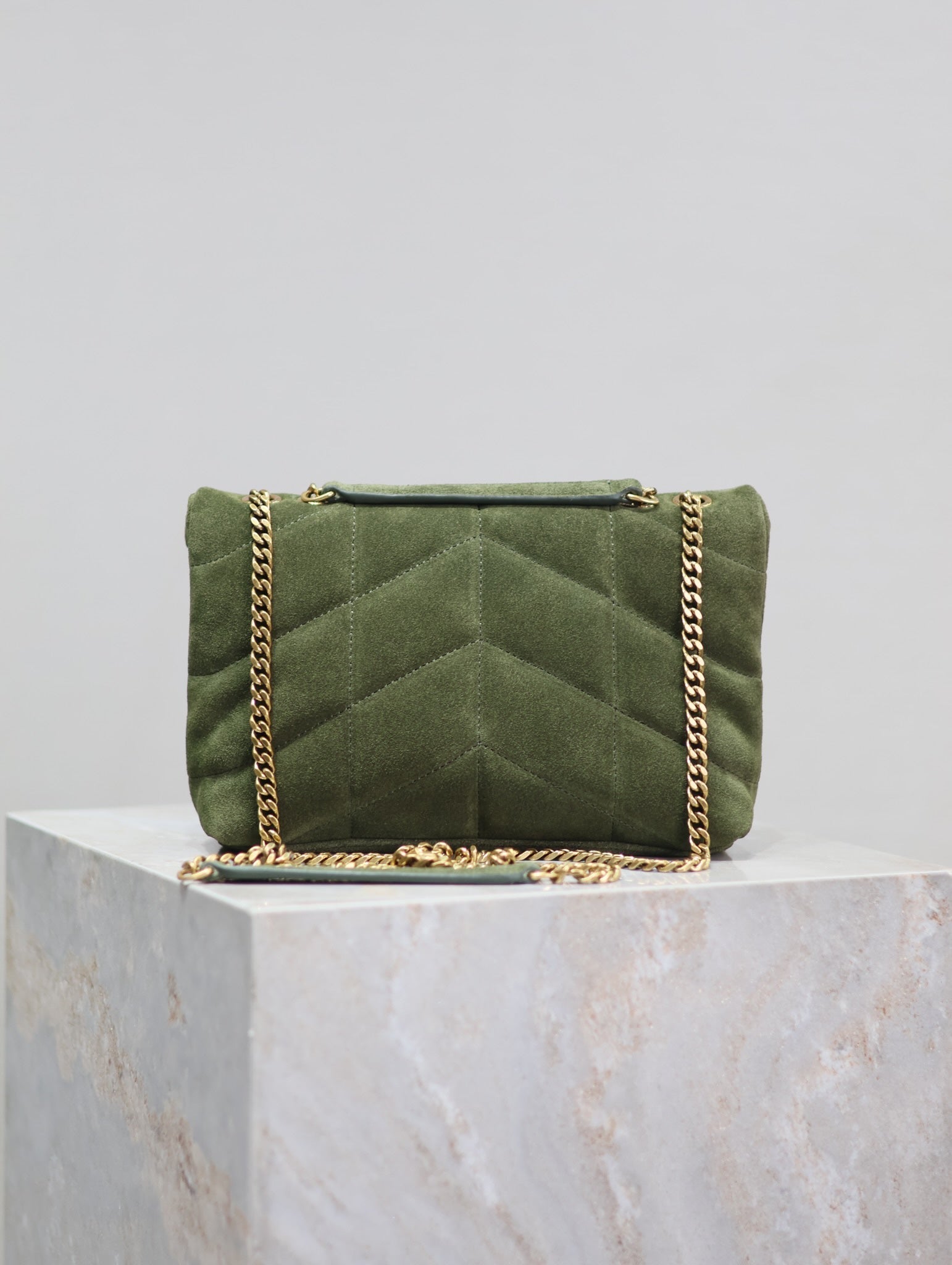 SAINT LAURENT YSL 25S LOULOU PUFFER MINI 23 IN GREEN SUEDE GOLD HARDWRE