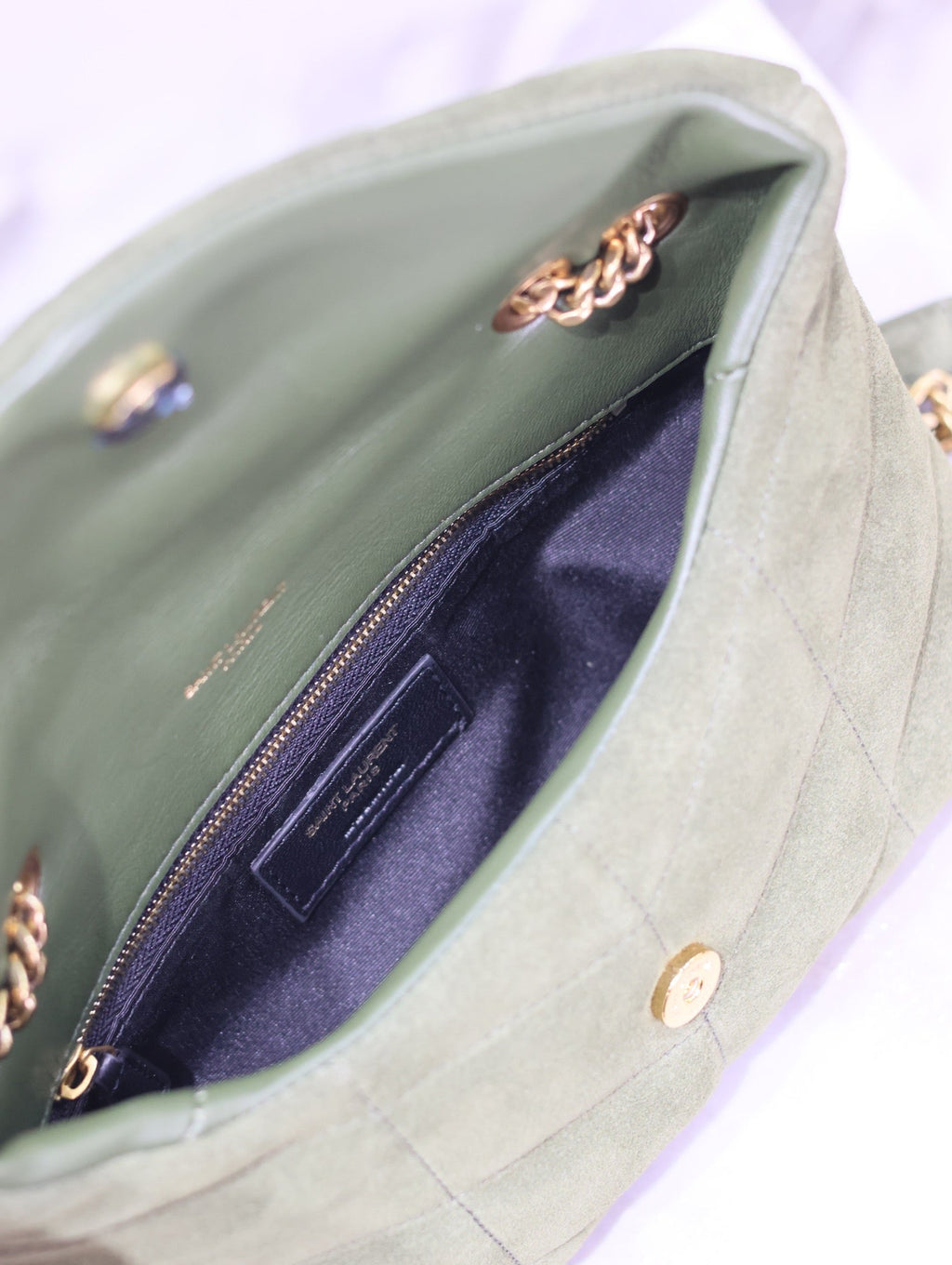 SAINT LAURENT YSL 25S LOULOU PUFFER MINI 23 IN GREEN SUEDE GOLD HARDWRE