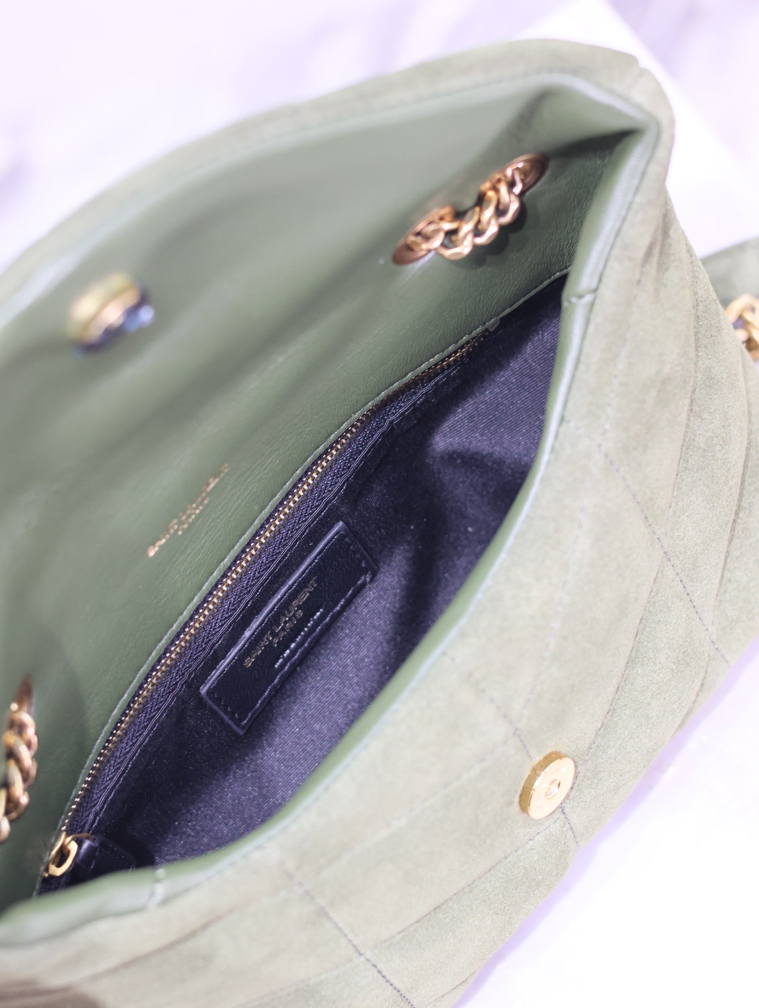 SAINT LAURENT YSL 25S LOULOU PUFFER MINI 23 IN GREEN SUEDE GOLD HARDWARE