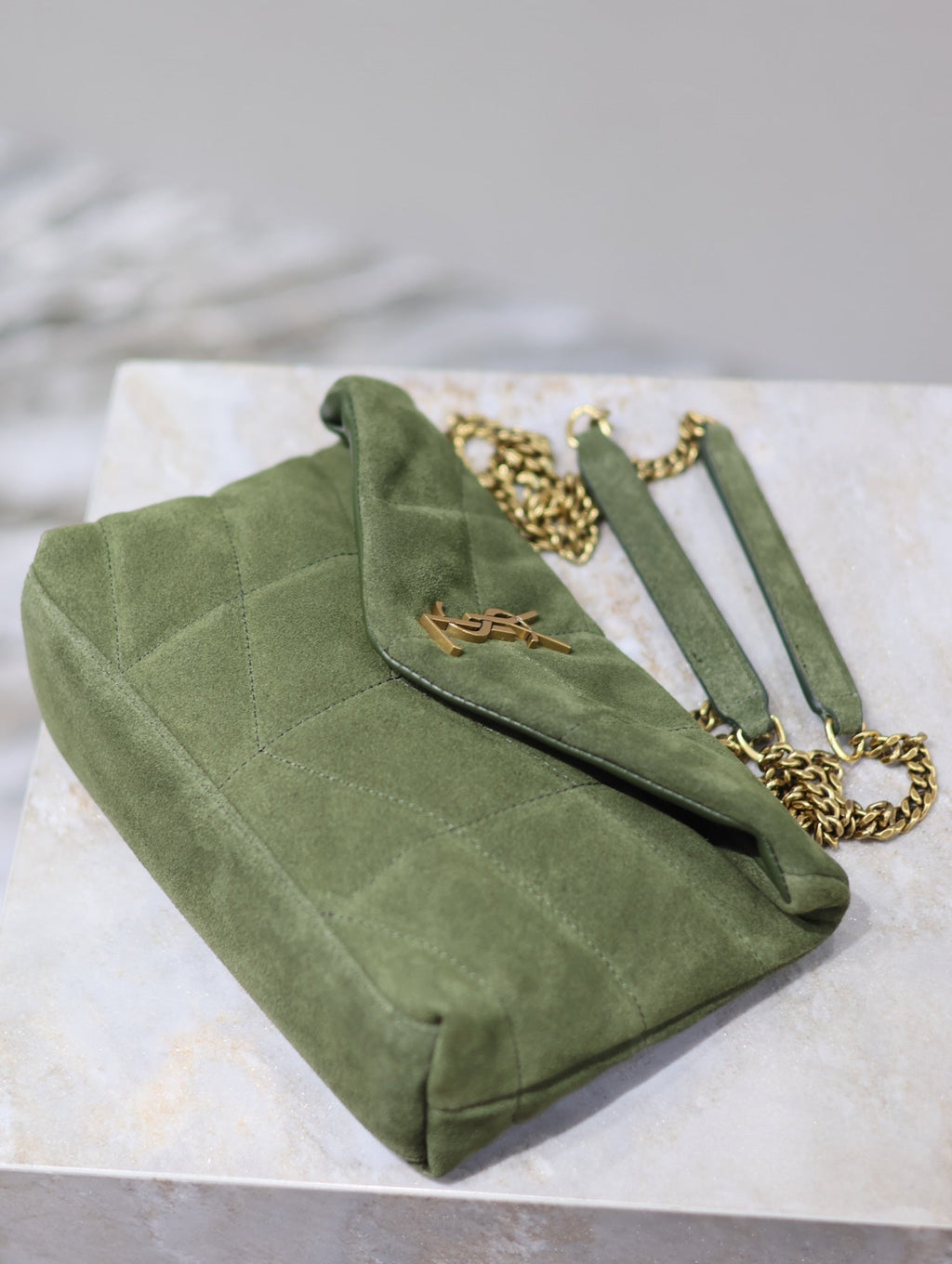 SAINT LAURENT YSL 25S LOULOU PUFFER MINI 23 IN GREEN SUEDE GOLD HARDWARE