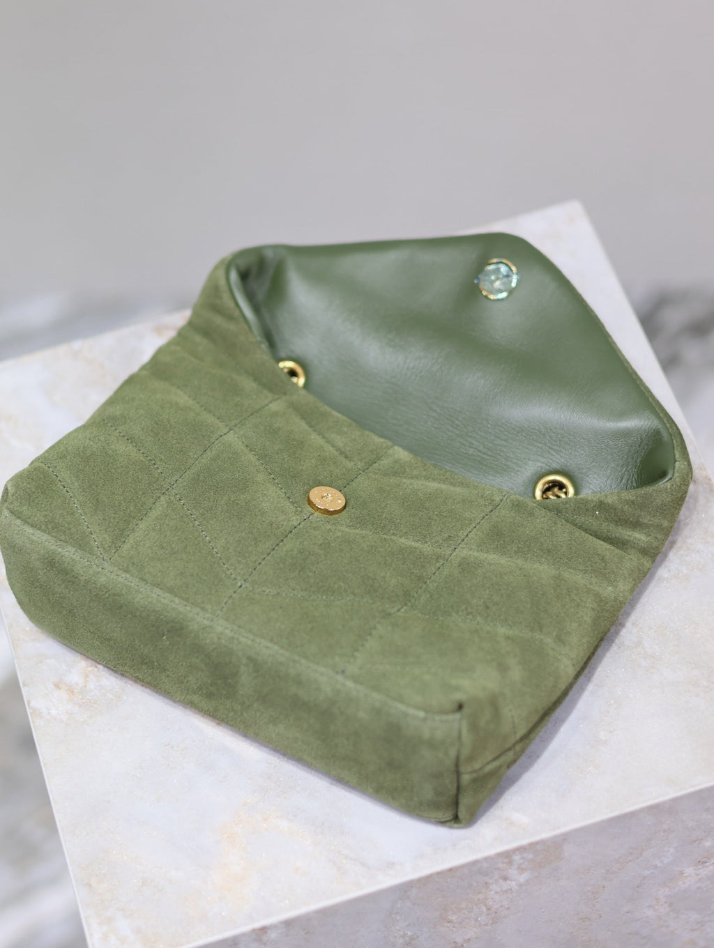 SAINT LAURENT PUFFER TOY 23 IN PICKLE GREEN SUEDE GOLD HARDWARE