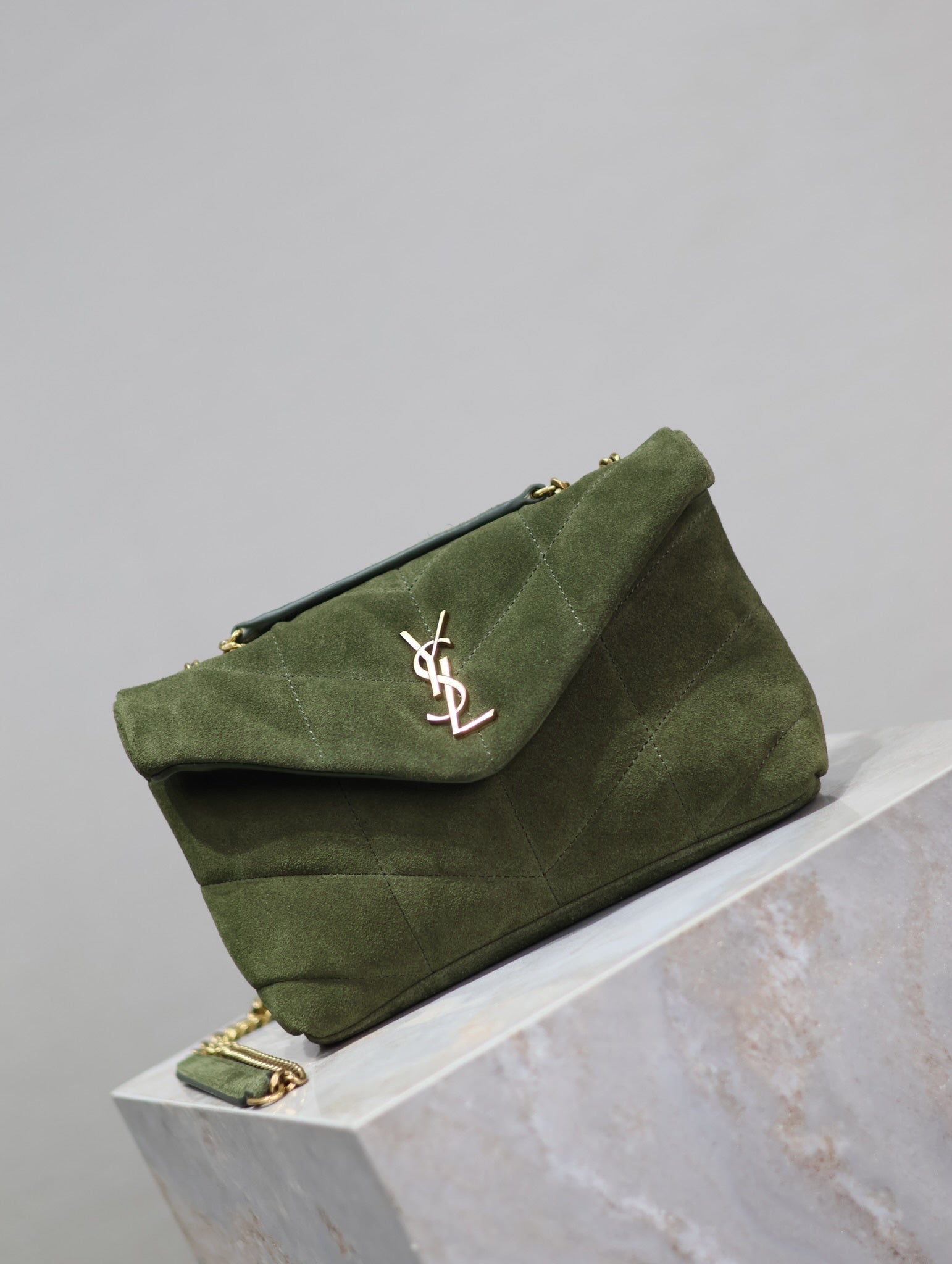 SAINT LAURENT PUFFER TOY 23 IN PICKLE GREEN SUEDE GOLD HARDWARE