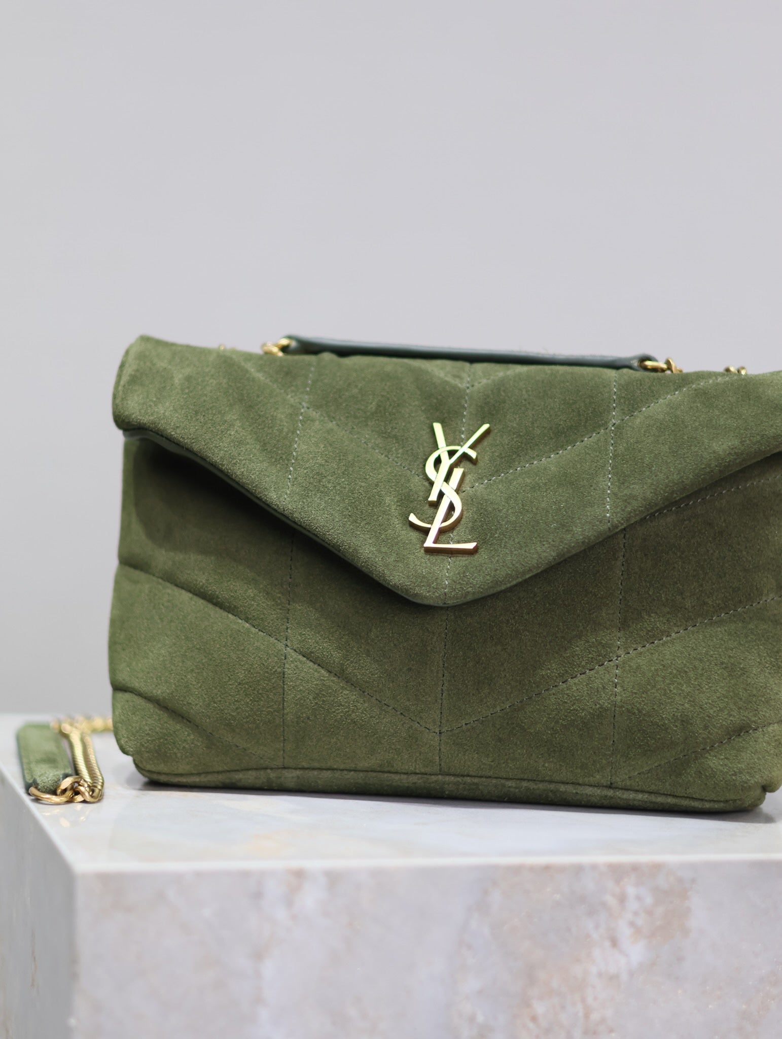 SAINT LAURENT PUFFER TOY 23 IN PICKLE GREEN SUEDE GOLD HARDWARE