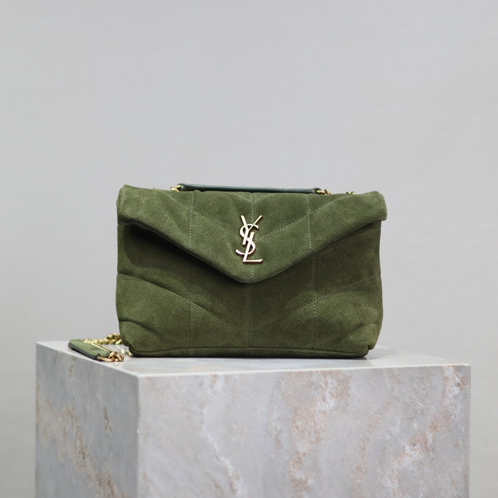SAINT LAURENT PUFFER TOY 23 IN PICKLE GREEN SUEDE GOLD HARDWARE
