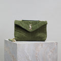 SAINT LAURENT YSL 25S LOULOU PUFFER MINI 23 IN GREEN SUEDE GOLD HARDWARE