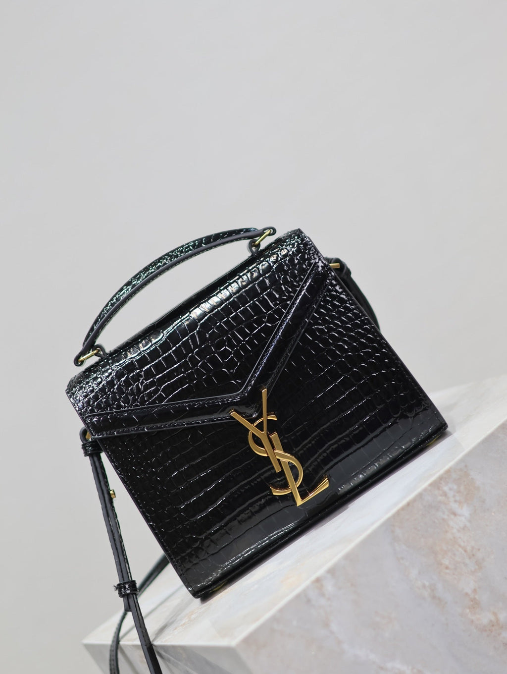 SAINT LAURENT CASSANDRA MINI TOP HANDLE BAG 20 IN BLACK CROCODILE-EMBOSSED GLOSSY CALFSKIN