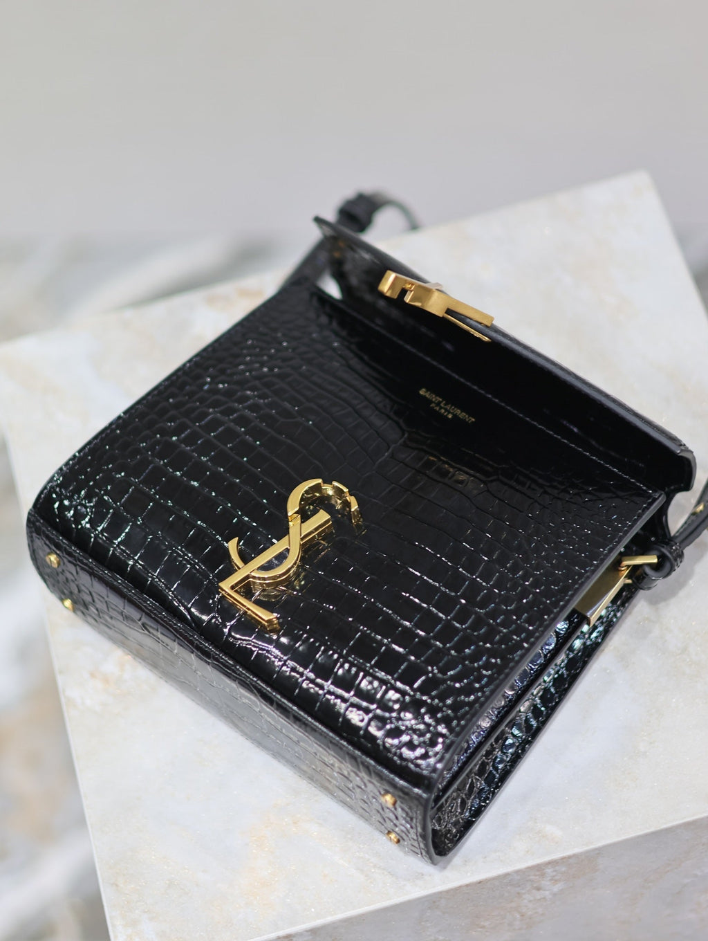 SAINT LAURENT CASSANDRA MINI TOP HANDLE BAG 20 IN BLACK CROCODILE-EMBOSSED GLOSSY CALFSKIN