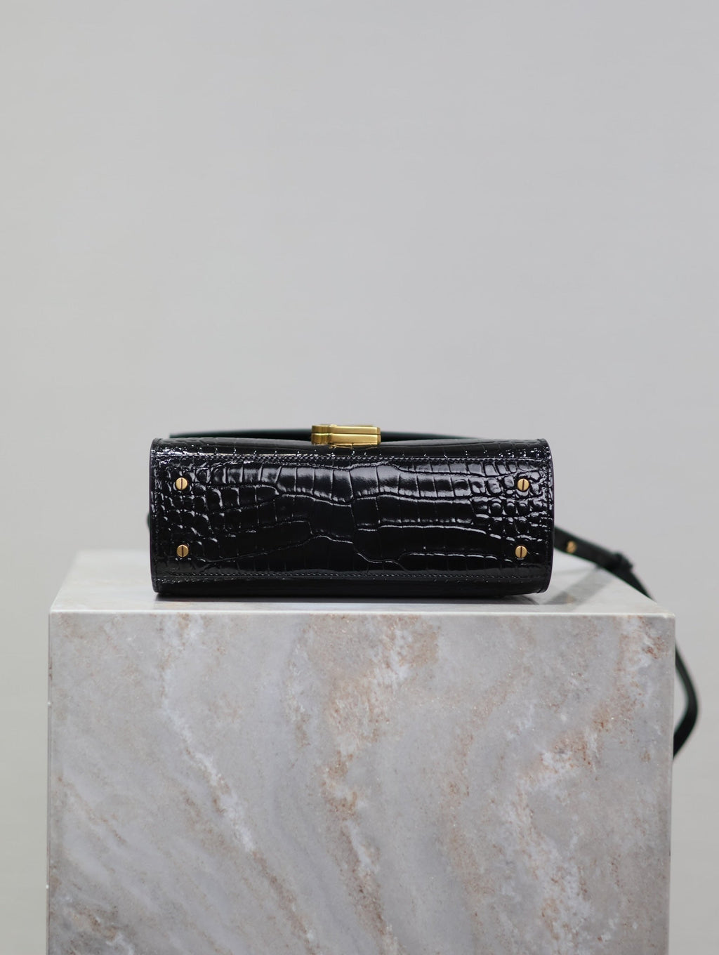 SAINT LAURENT CASSANDRA MINI TOP HANDLE BAG 20 IN BLACK CROCODILE-EMBOSSED GLOSSY CALFSKIN