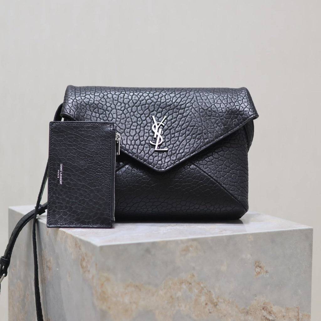 SAINT LAURENT ENVELOPE CHAIN BAG 23 IN BLACK ELEPHANT TEXTURE LAMBSKIN SILVER LOGO