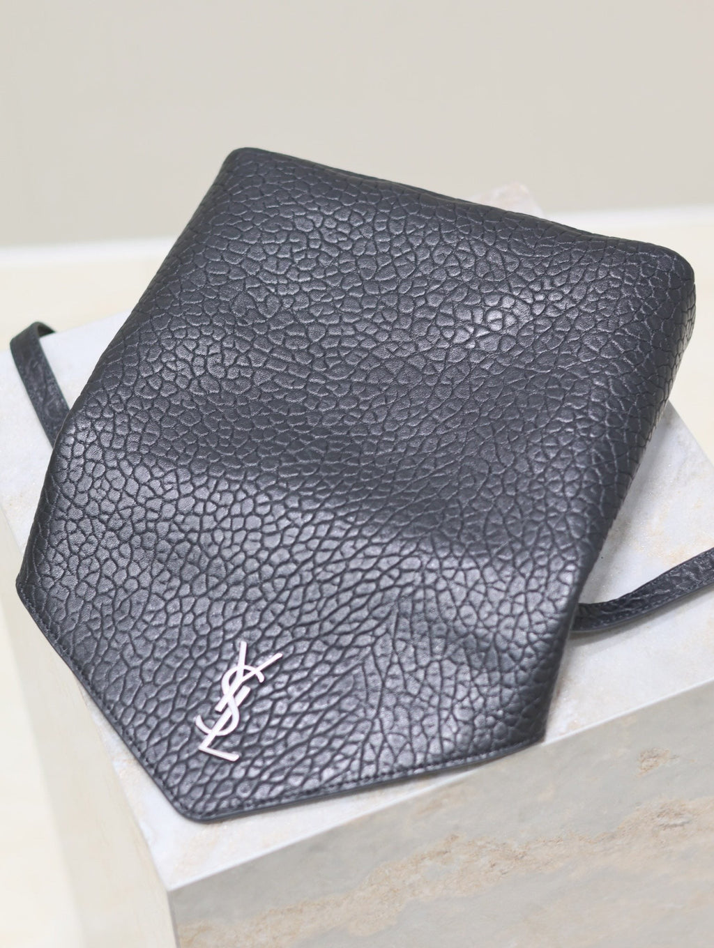 SAINT LAURENT ENVELOPE CHAIN BAG 23 IN BLACK ELEPHANT TEXTURE LAMBSKIN SILVER LOGO