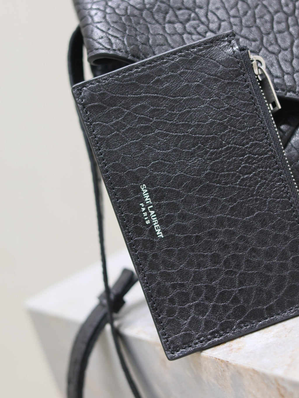 SAINT LAURENT ENVELOPE CHAIN BAG 23 IN BLACK ELEPHANT TEXTURE LAMBSKIN SILVER LOGO
