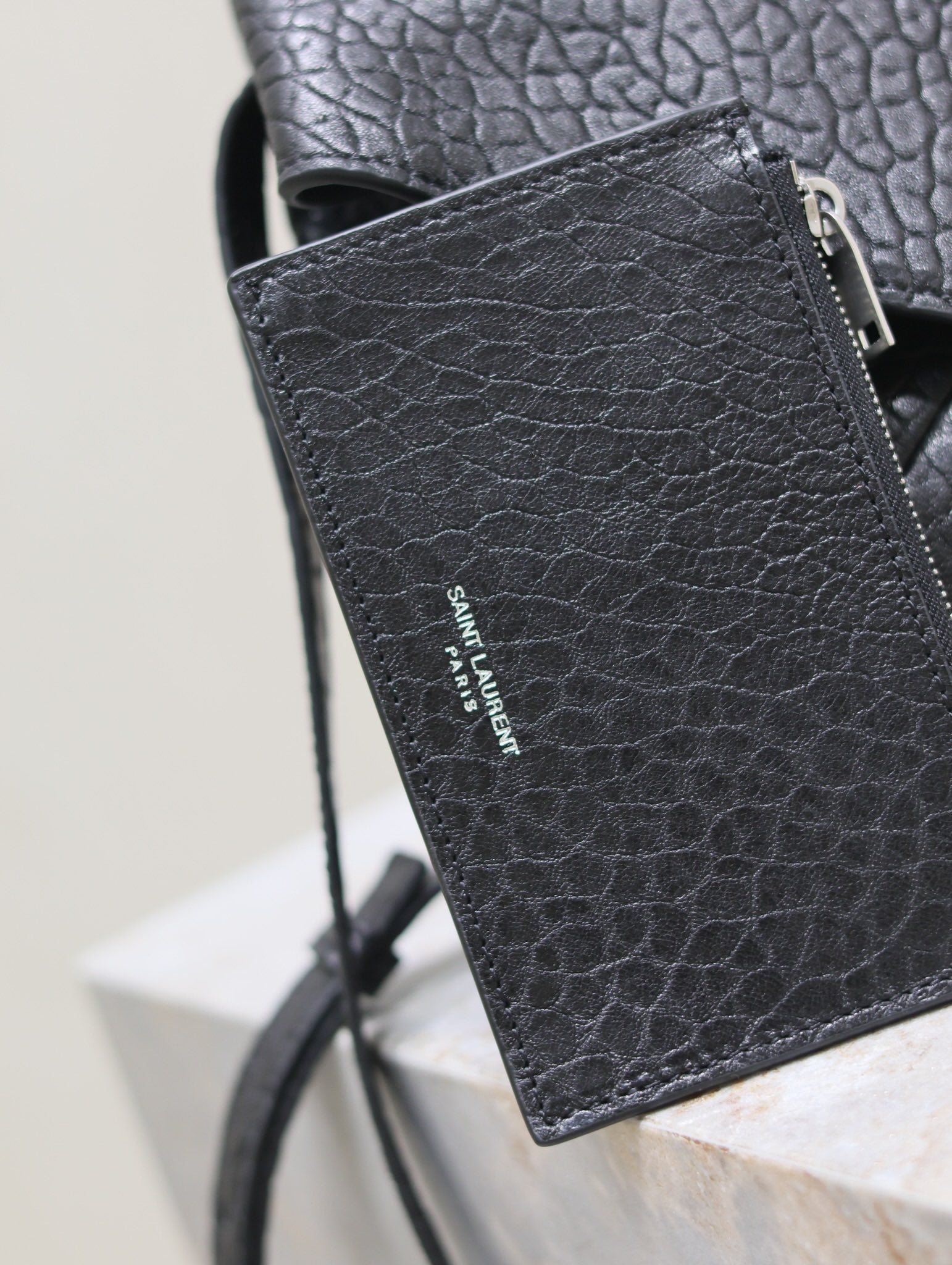 SAINT LAURENT ENVELOPE CHAIN BAG 23 IN BLACK ELEPHANT TEXTURE LAMBSKIN SILVER LOGO