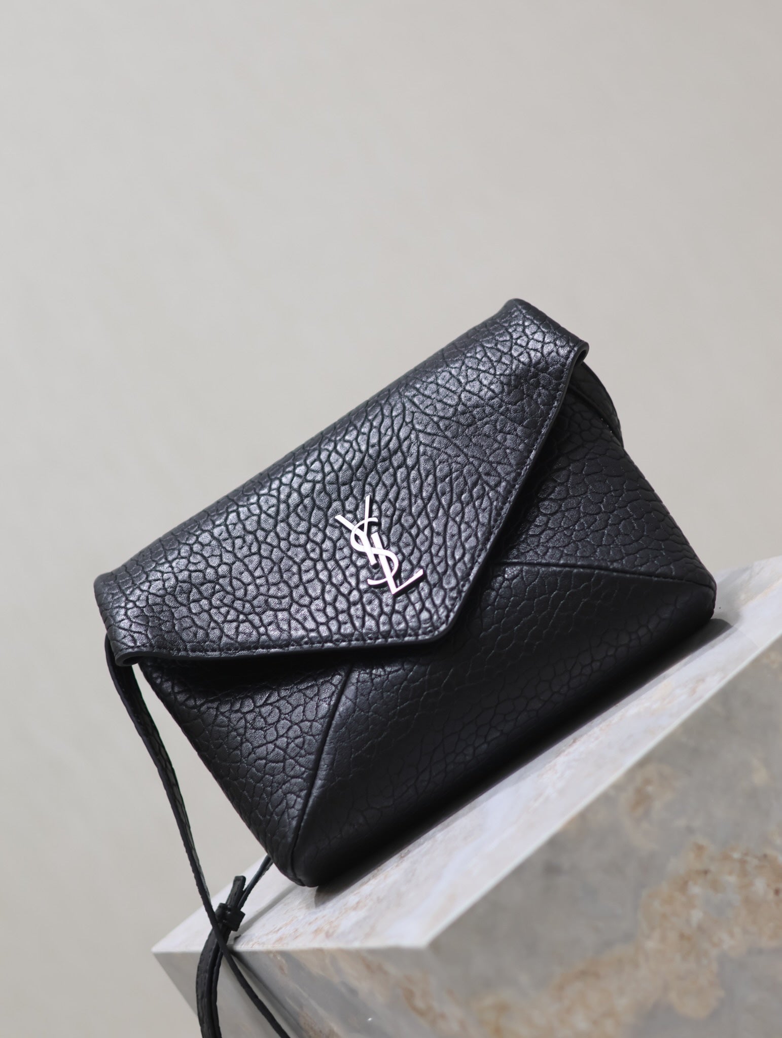SAINT LAURENT ENVELOPE CHAIN BAG 23 IN BLACK ELEPHANT TEXTURE LAMBSKIN SILVER LOGO