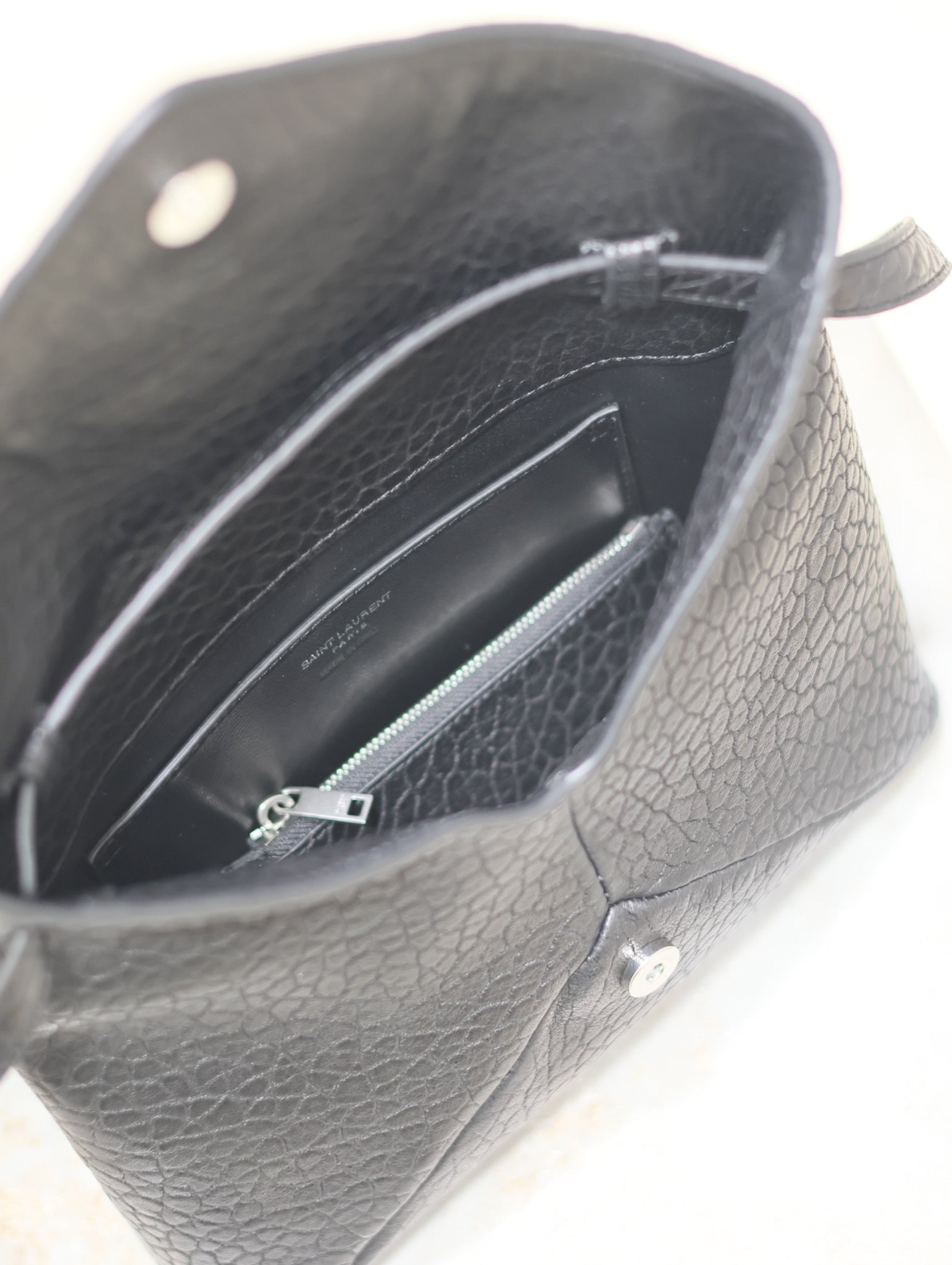 SAINT LAURENT ENVELOPE CHAIN BAG 23 IN BLACK ELEPHANT TEXTURE LAMBSKIN SILVER LOGO