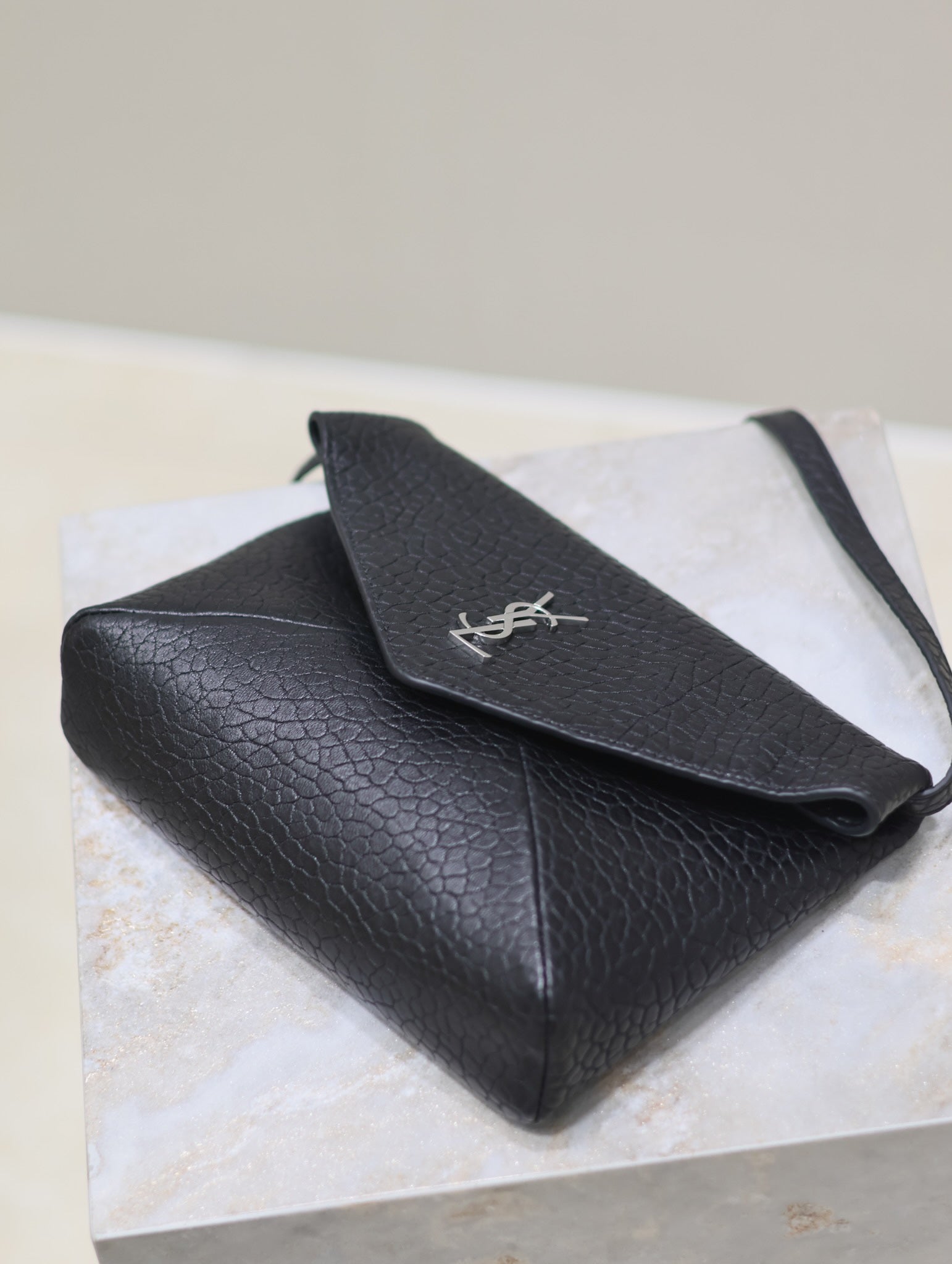 SAINT LAURENT ENVELOPE CHAIN BAG 23 IN BLACK ELEPHANT TEXTURE LAMBSKIN SILVER LOGO