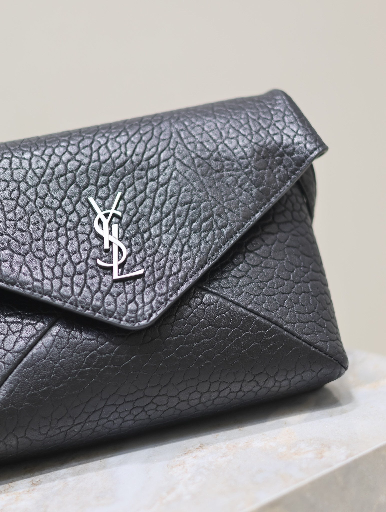 SAINT LAURENT ENVELOPE CHAIN BAG 23 IN BLACK ELEPHANT TEXTURE LAMBSKIN SILVER LOGO