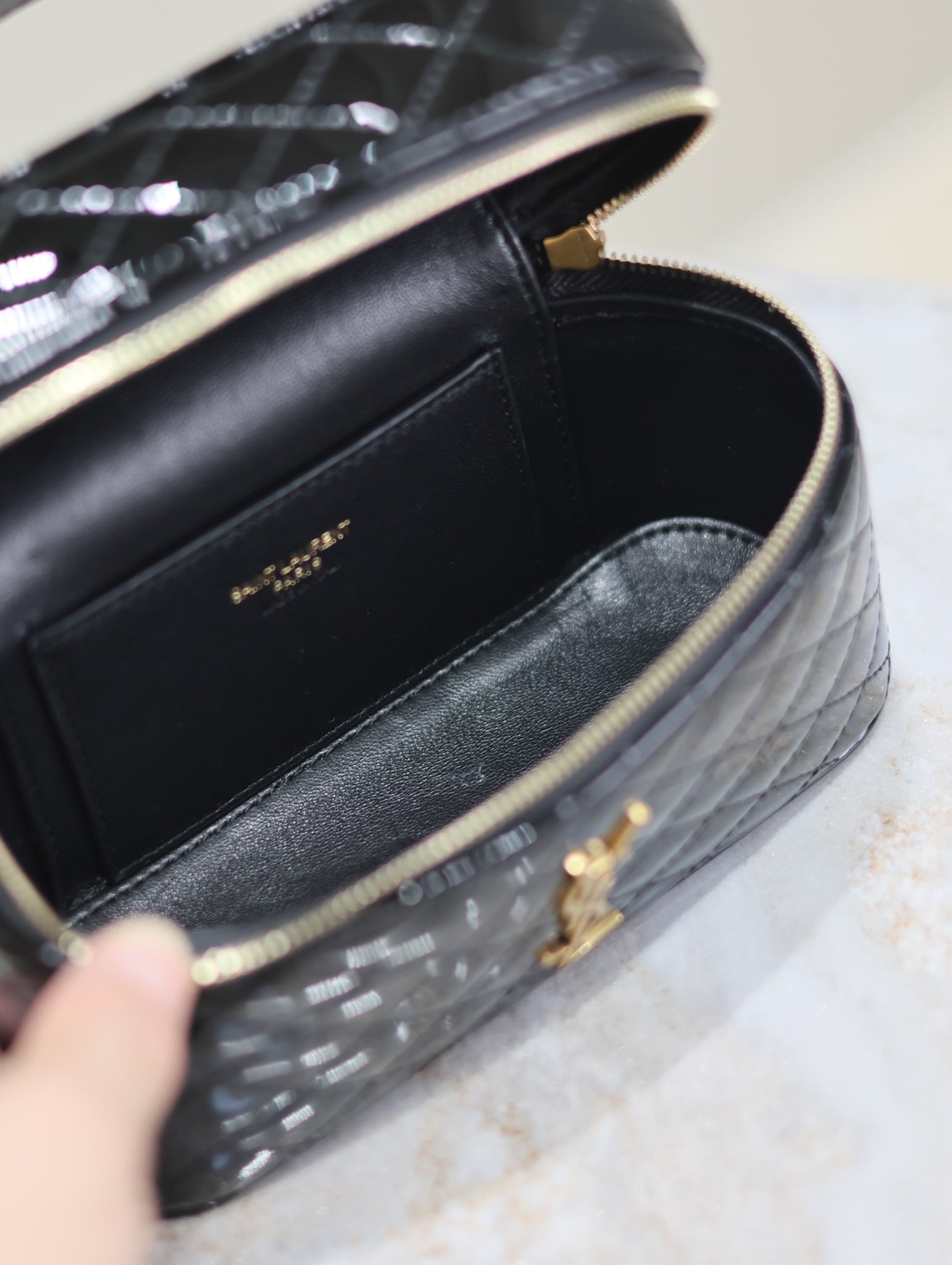 SAINT LAURENT GABY MINI VANITY 18 IN BLACK GLOSSY LAMBSKIN GOLD HARDWARE