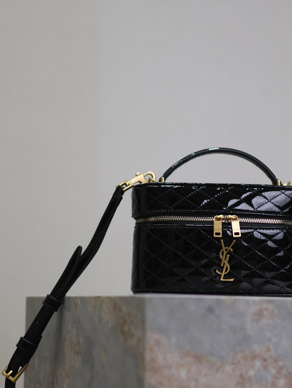 SAINT LAURENT GABY MINI VANITY 18 IN BLACK GLOSSY LAMBSKIN GOLD HARDWARE