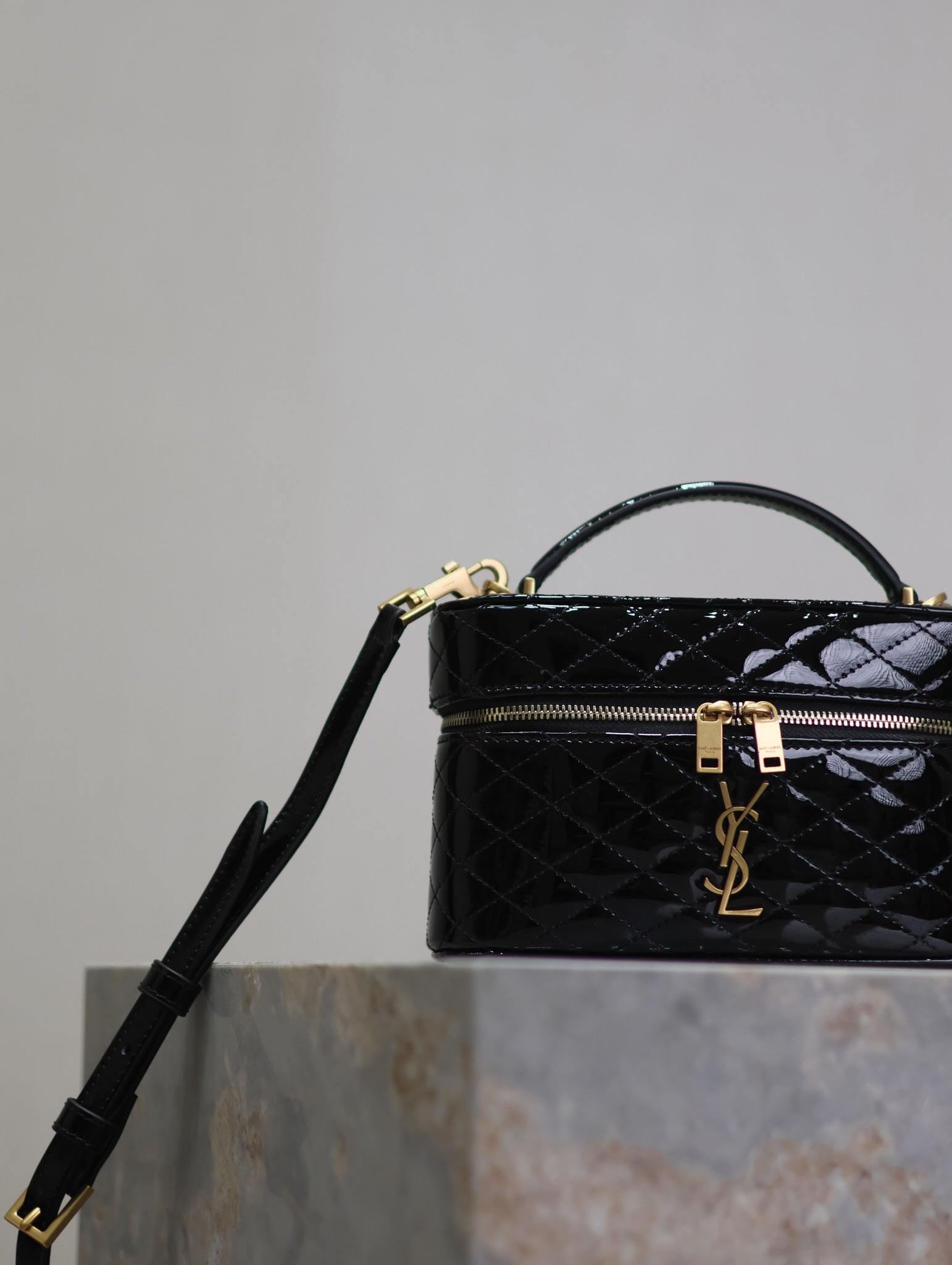 SAINT LAURENT GABY MINI VANITY 18 IN BLACK GLOSSY LAMBSKIN GOLD HARDWARE