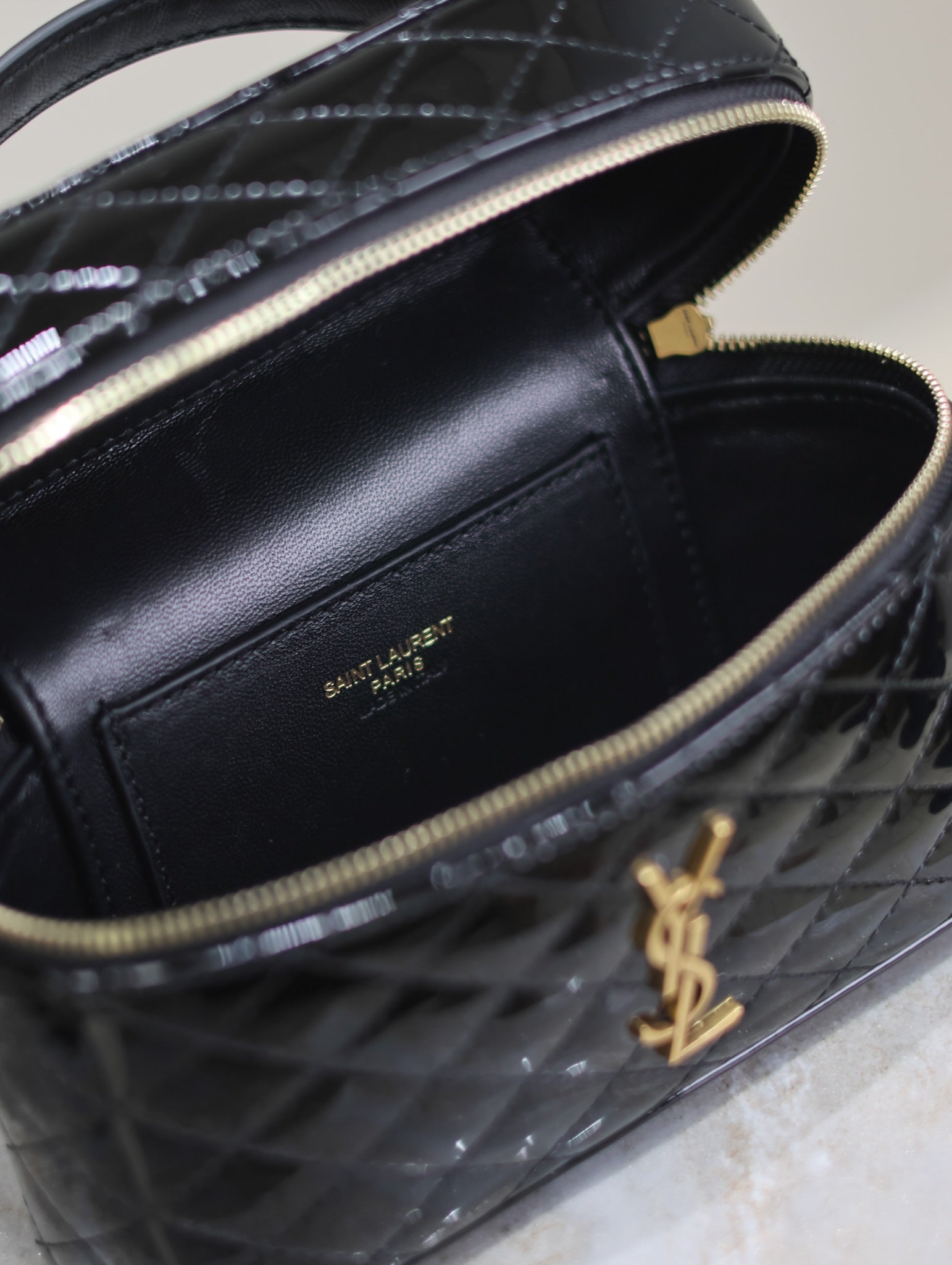 SAINT LAURENT GABY MINI VANITY 18 IN BLACK GLOSSY LAMBSKIN GOLD HARDWARE