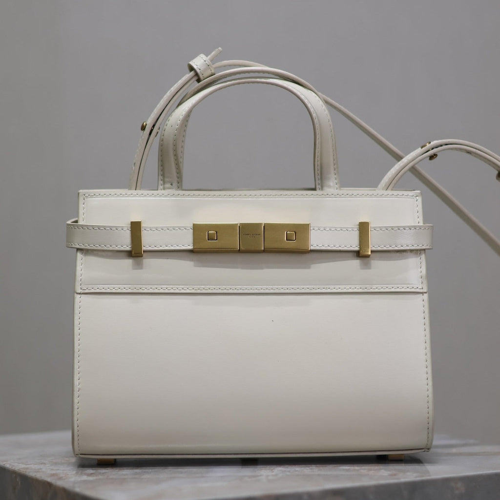 SAINT LAURENT MANHATTAN SMALL TOP HANDLE BAG 21 IN WHITE CALFSKIN GOLD HARDWARE