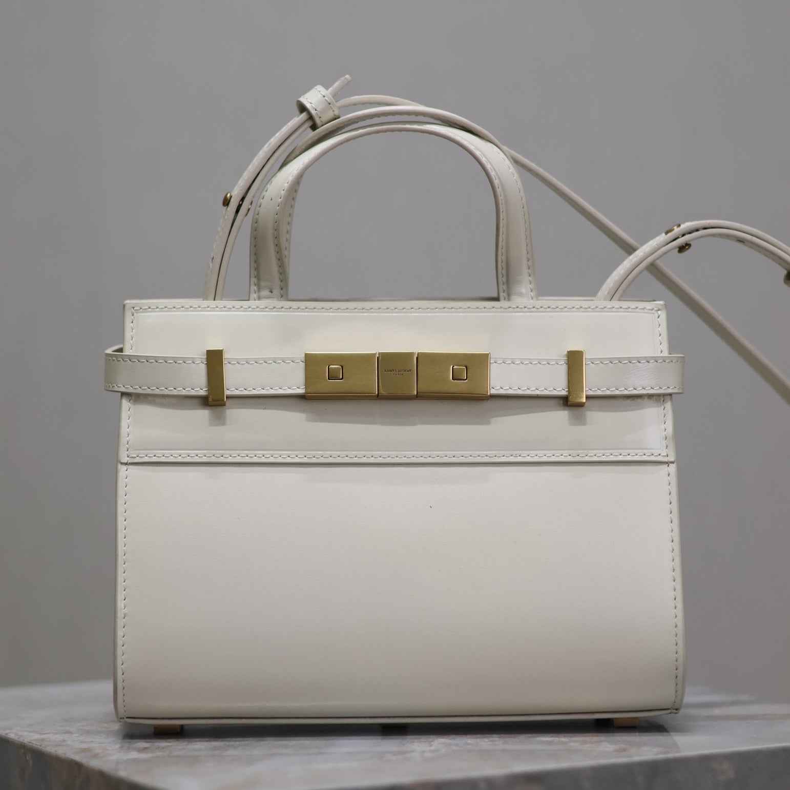 SAINT LAURENT MANHATTAN SMALL TOP HANDLE BAG 21 IN WHITE CALFSKIN GOLD HARDWARE