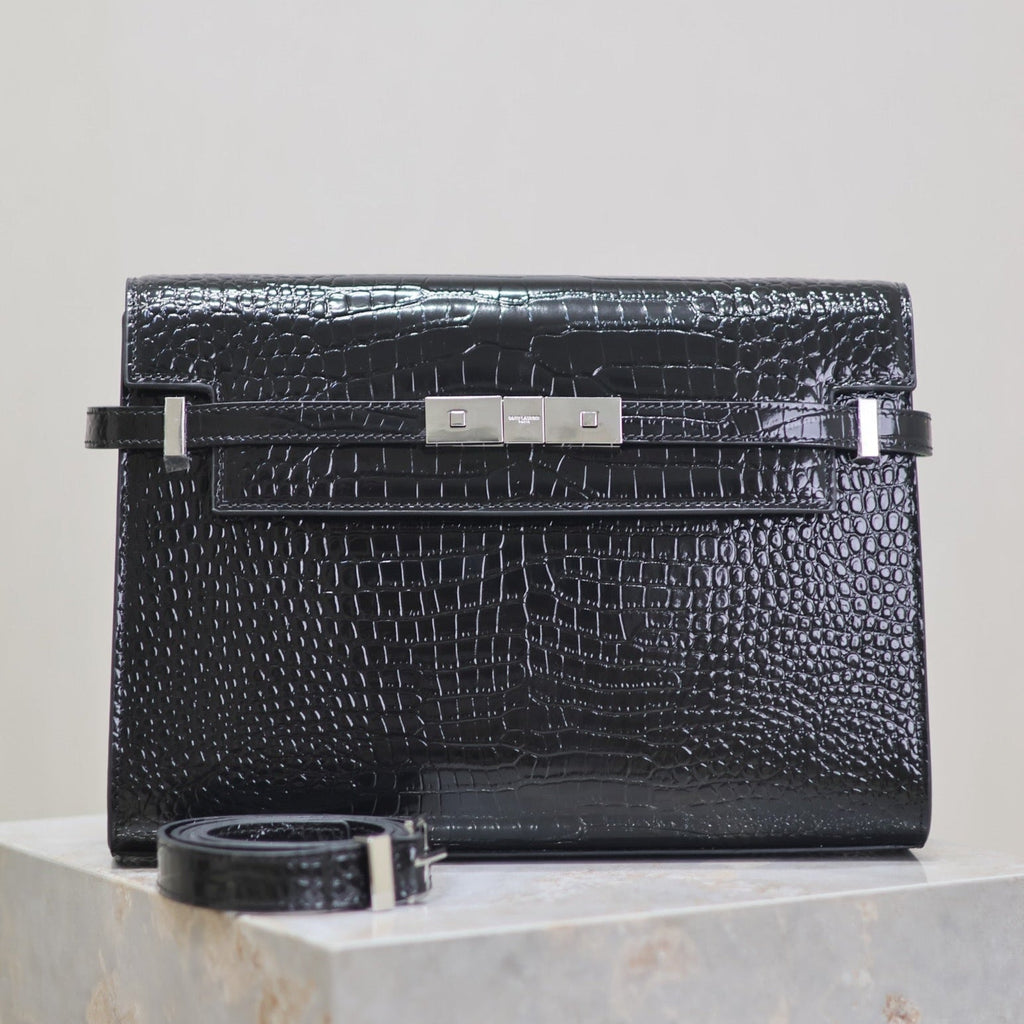 SAINT LAURENT MANHATTAN MEDIUM 29 IN BLACK CROCODILE-EMBOSSED CALFSKIN SILVER BUCKLE