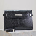 SAINT LAURENT MANHATTAN MEDIUM 29 IN BLACK CROCODILE-EMBOSSED CALFSKIN SILVER BUCKLE