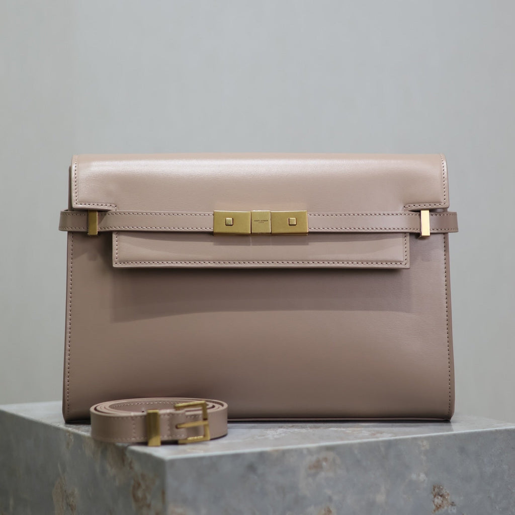 SAINT LAURENT MANHATTAN MEDIUM 29 IN DARK BEIGE SMOOTH CALFSKIN GOLD BUCKLE
