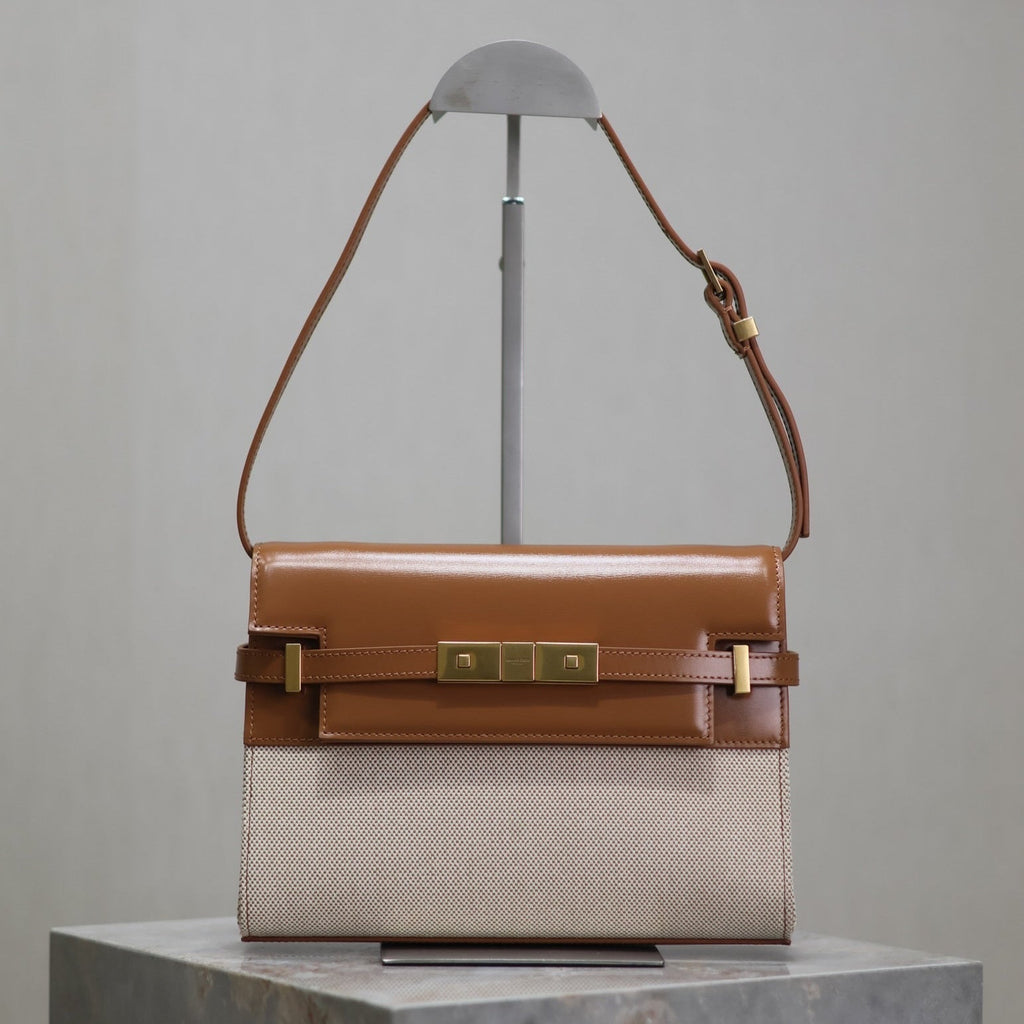 SAINT LAURENT MANHATTAN SMALL 24 IN WHITE CANVAS AND BROWN CALFSKIN GOLD HARDWARE