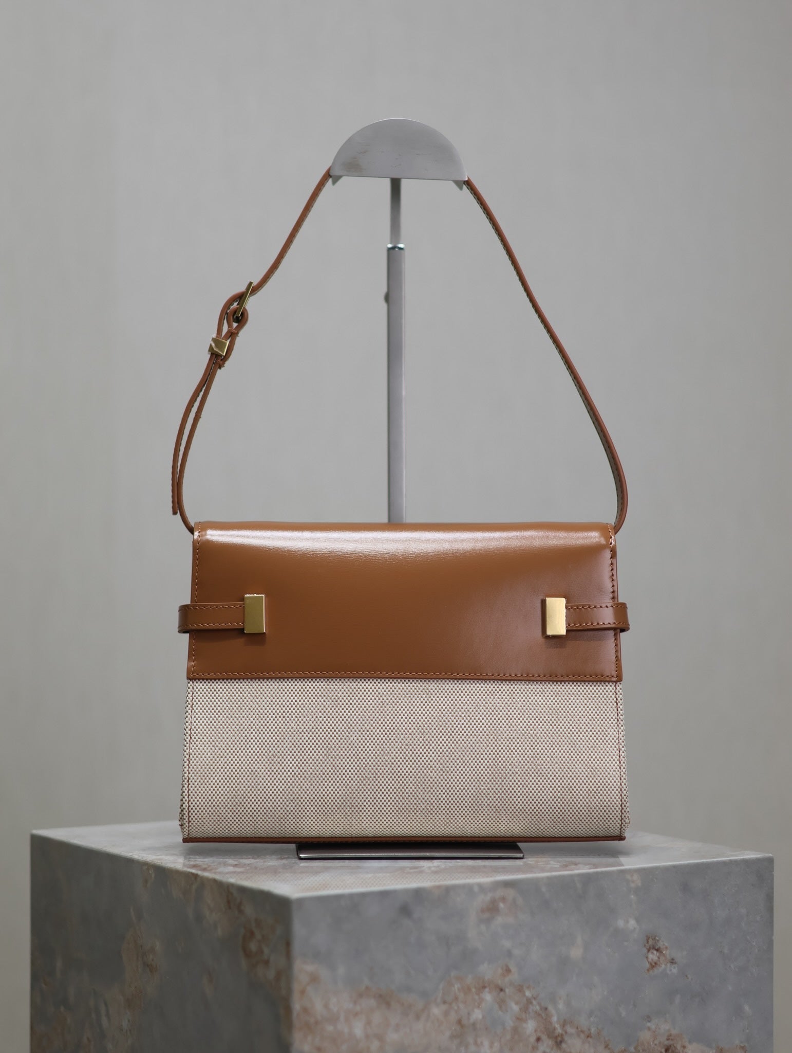 SAINT LAURENT MANHATTAN SMALL 24 IN WHITE CANVAS AND BROWN CALFSKIN GOLD HARDWARE