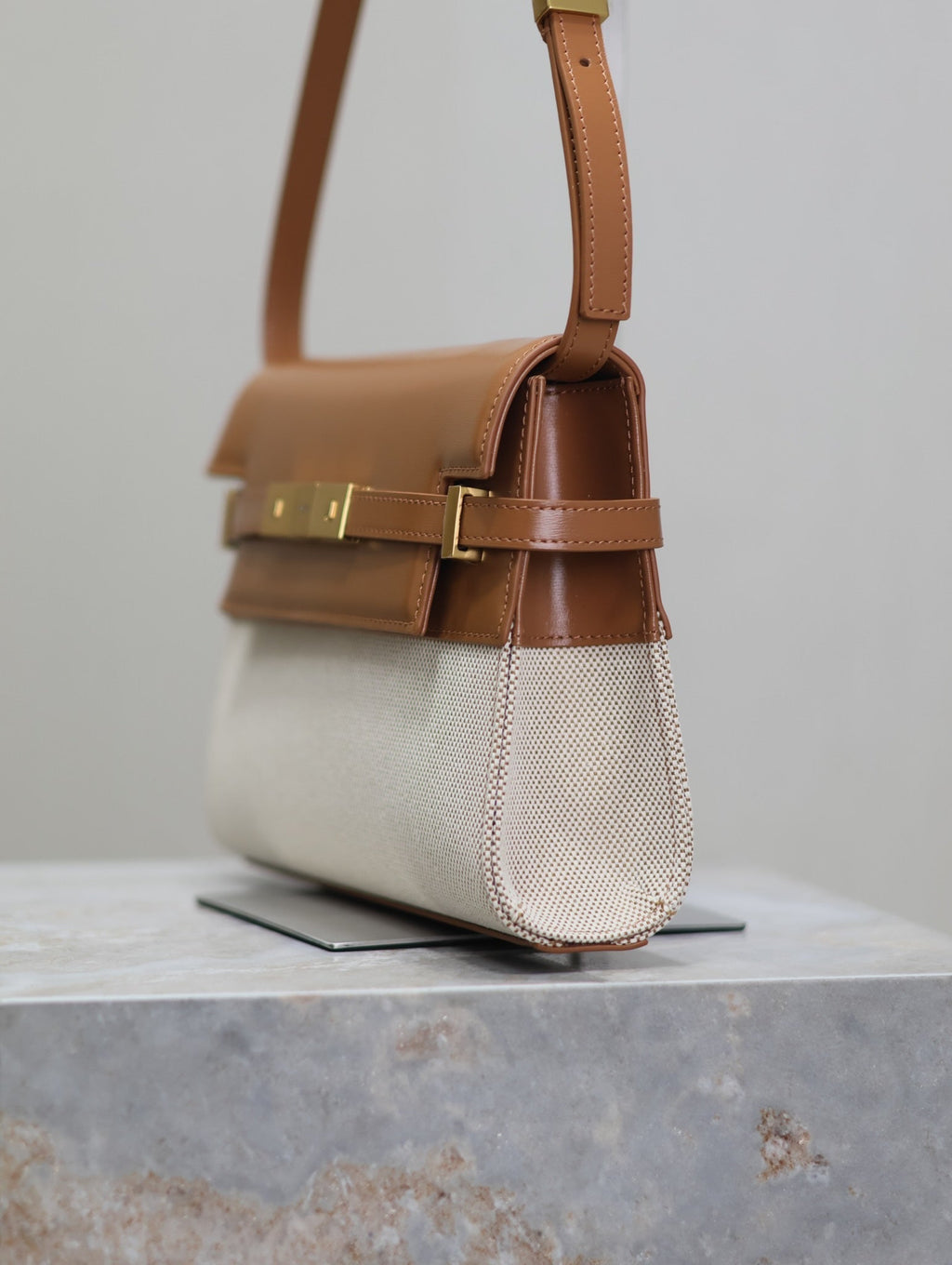 SAINT LAURENT MANHATTAN SMALL 24 IN WHITE CANVAS AND BROWN CALFSKIN GOLD HARDWARE