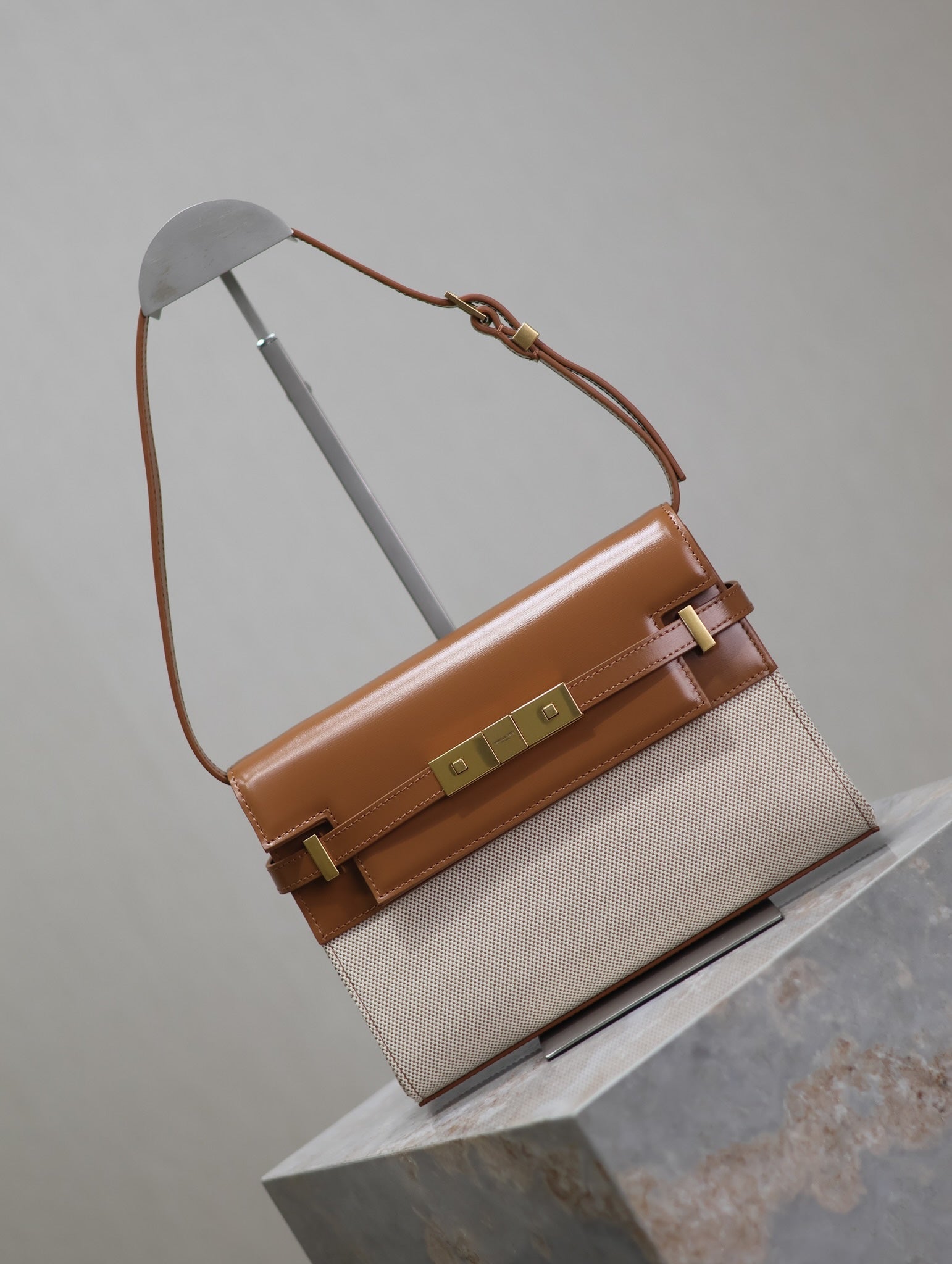 SAINT LAURENT MANHATTAN SMALL 24 IN WHITE CANVAS AND BROWN CALFSKIN GOLD HARDWARE